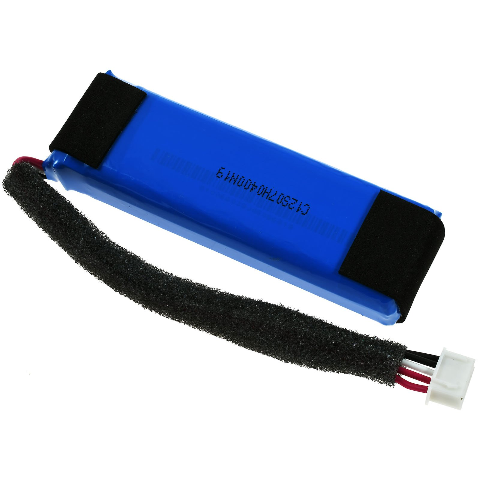 Blauer Akku mit schwarzem Schaumstoff an den Enden und einem schwarzen Schaumstoffkabel, weißer Stecker.