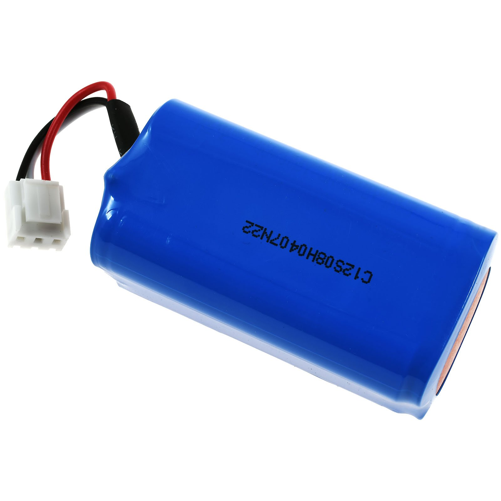 Eine blaue zylindrische Batterie mit angeschlossenem weißen Stecker, beschriftet.
