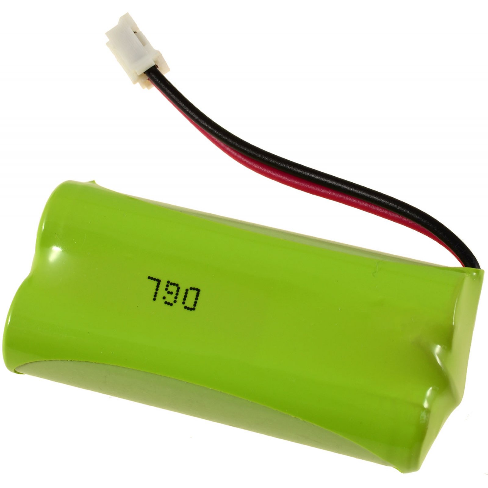 Una batería verde con un cable negro y rojo conectado a un conector blanco.