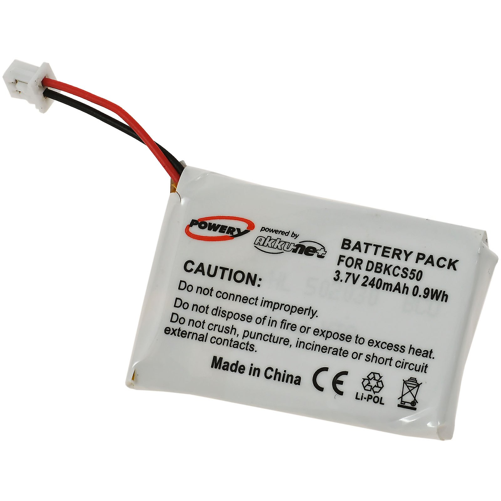 Paquete de baterías con etiquetas de advertencia. Cables blanco y rojo salen de la batería.