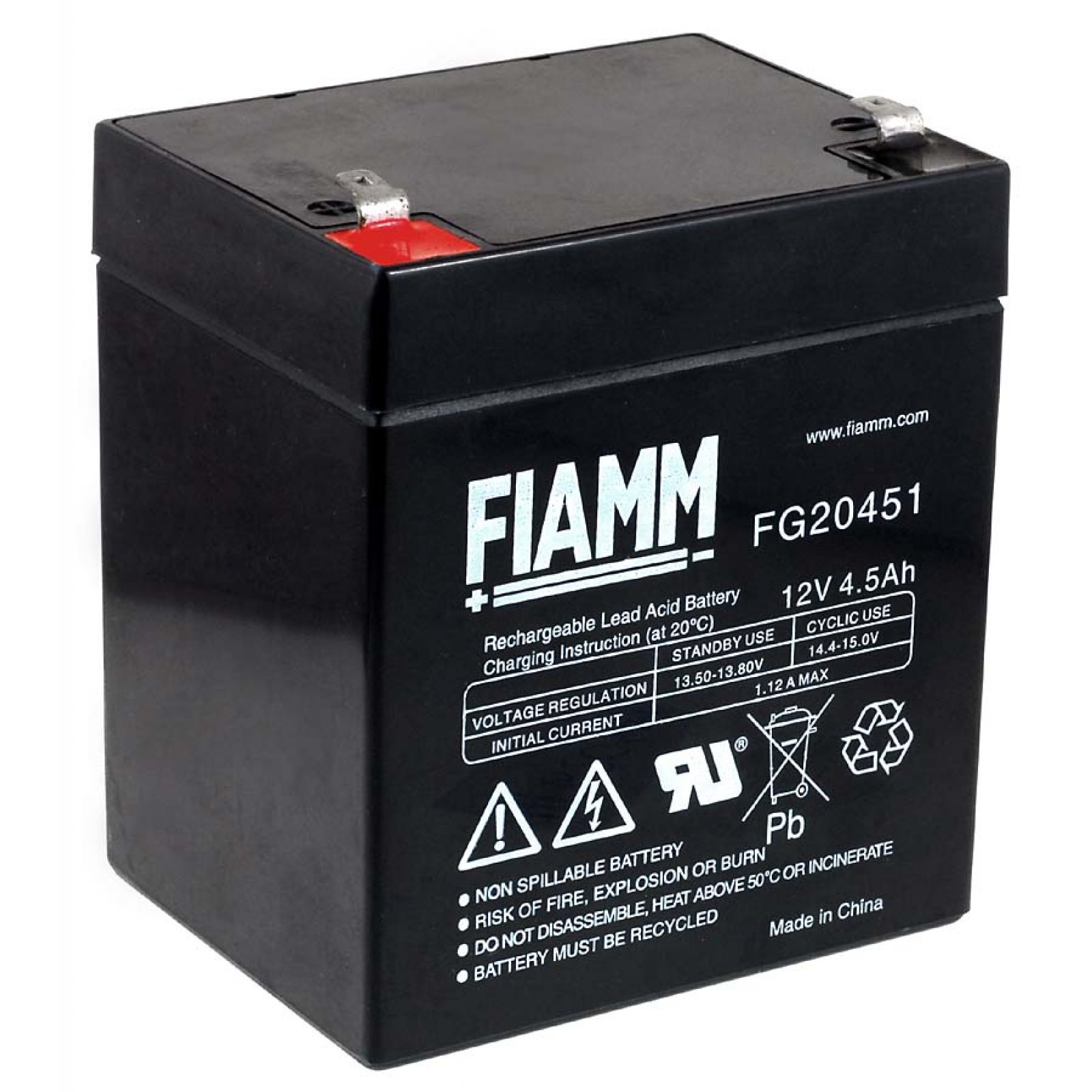 Batería negra FIAMM de 12V 4.5Ah. Texto lateral, con voltaje y otros detalles.
