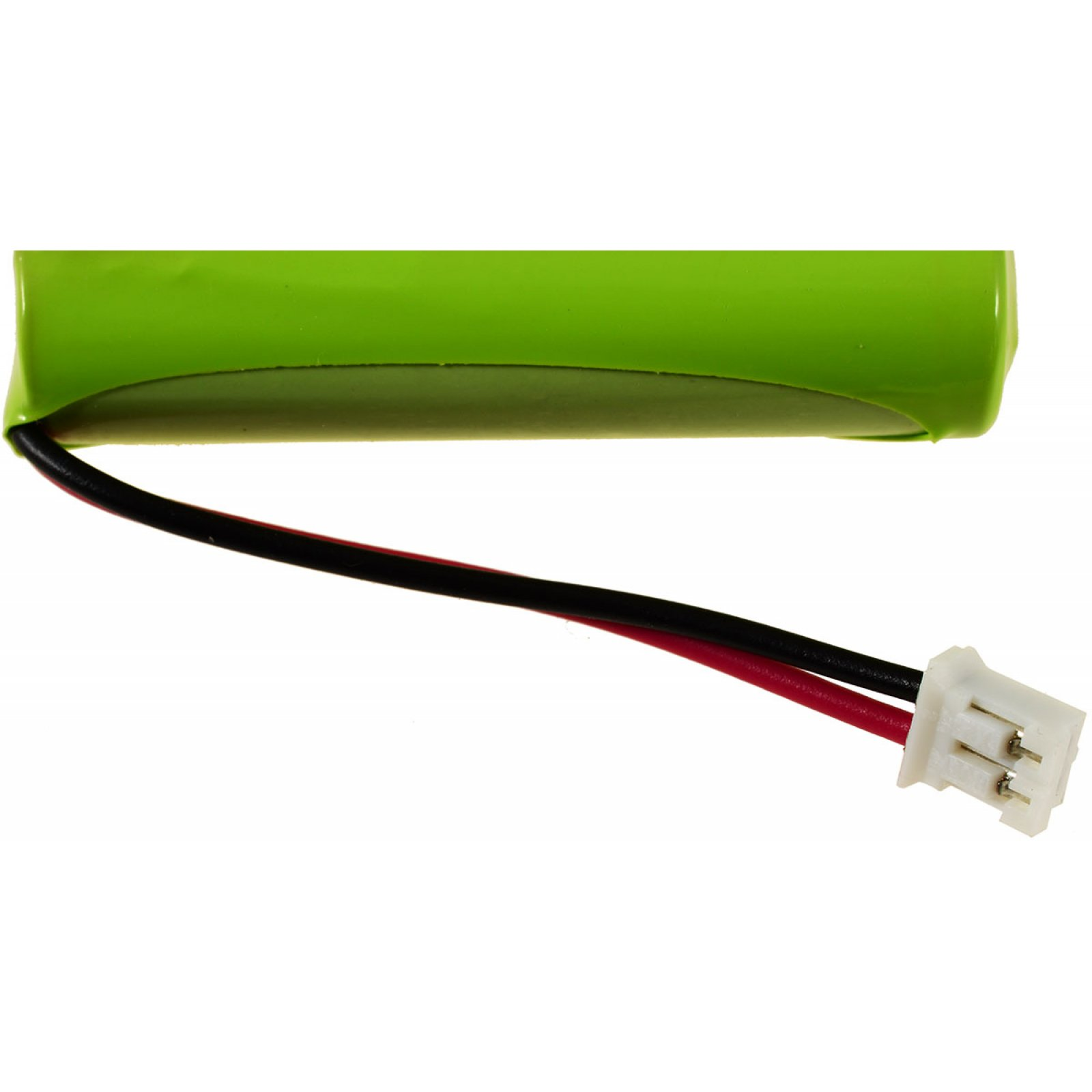 Una batería cilíndrica verde con cables negro y rojo y un conector blanco.