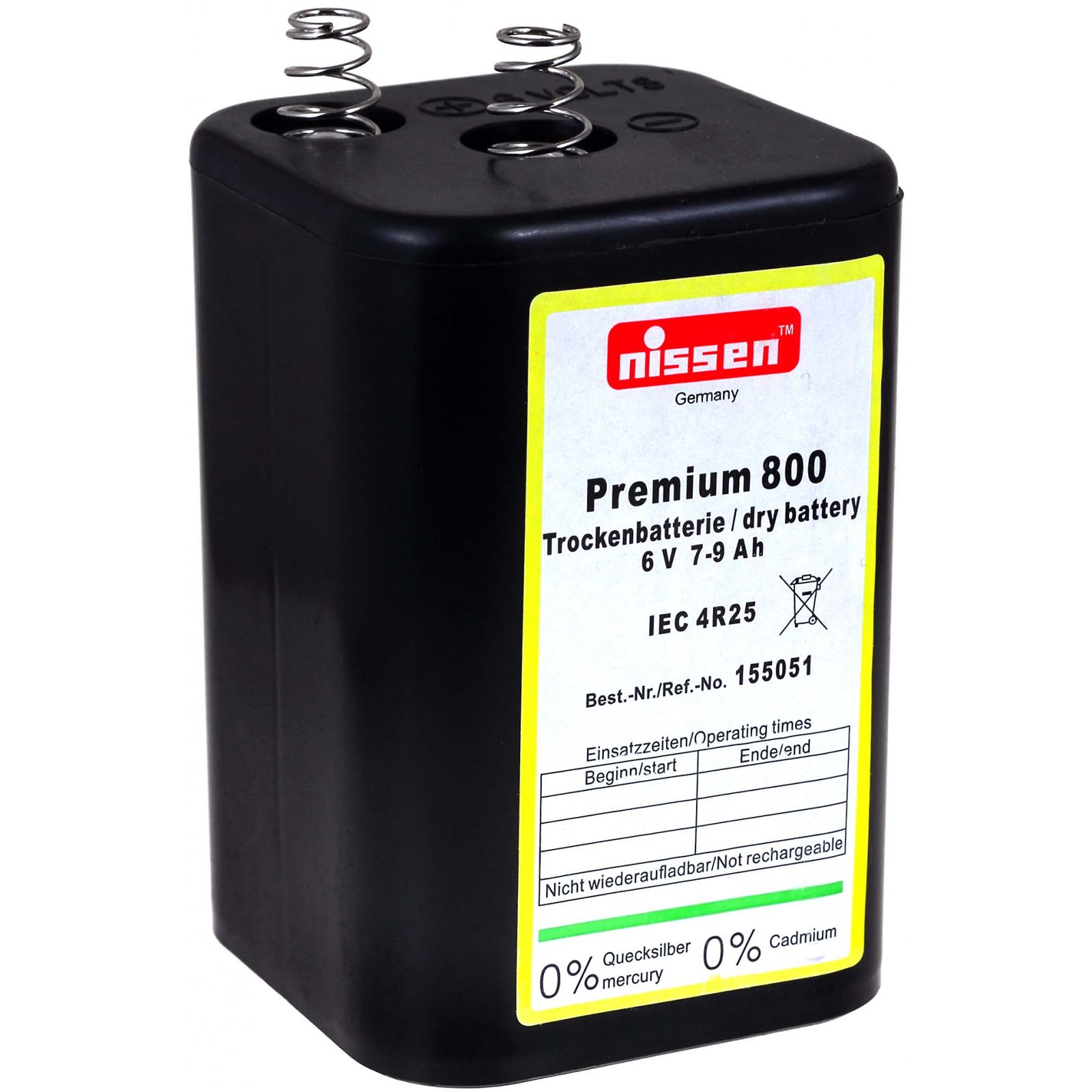 Una batería negra con una etiqueta amarilla y blanca. Tiene 2 muelles en la parte superior. El texto dice 'Premium 800'.