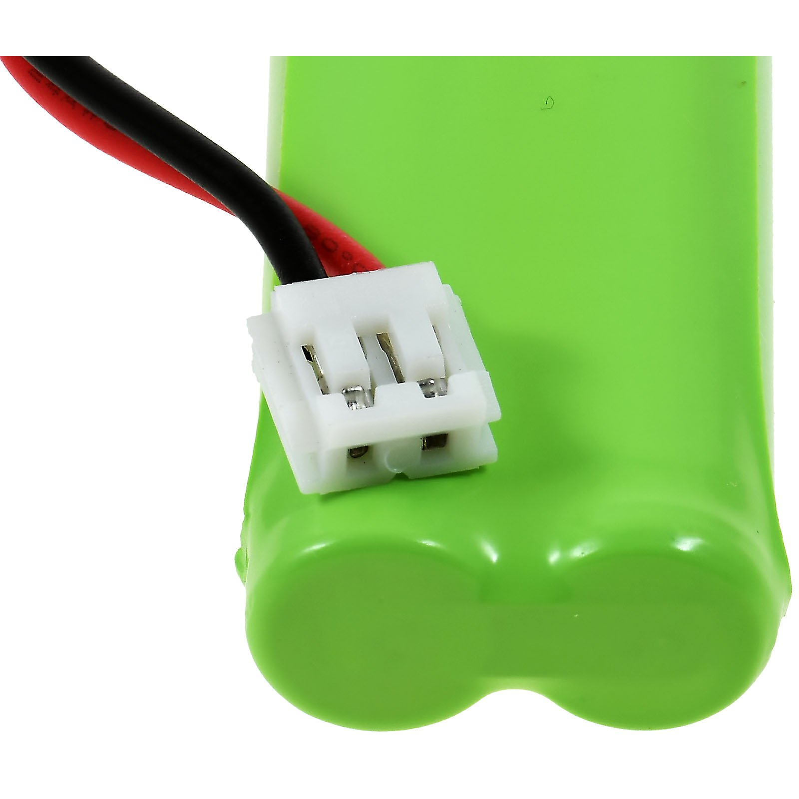 Nahaufnahme einer grünen Batterie mit weißen und schwarzen Drähten und einem weißen Stecker.