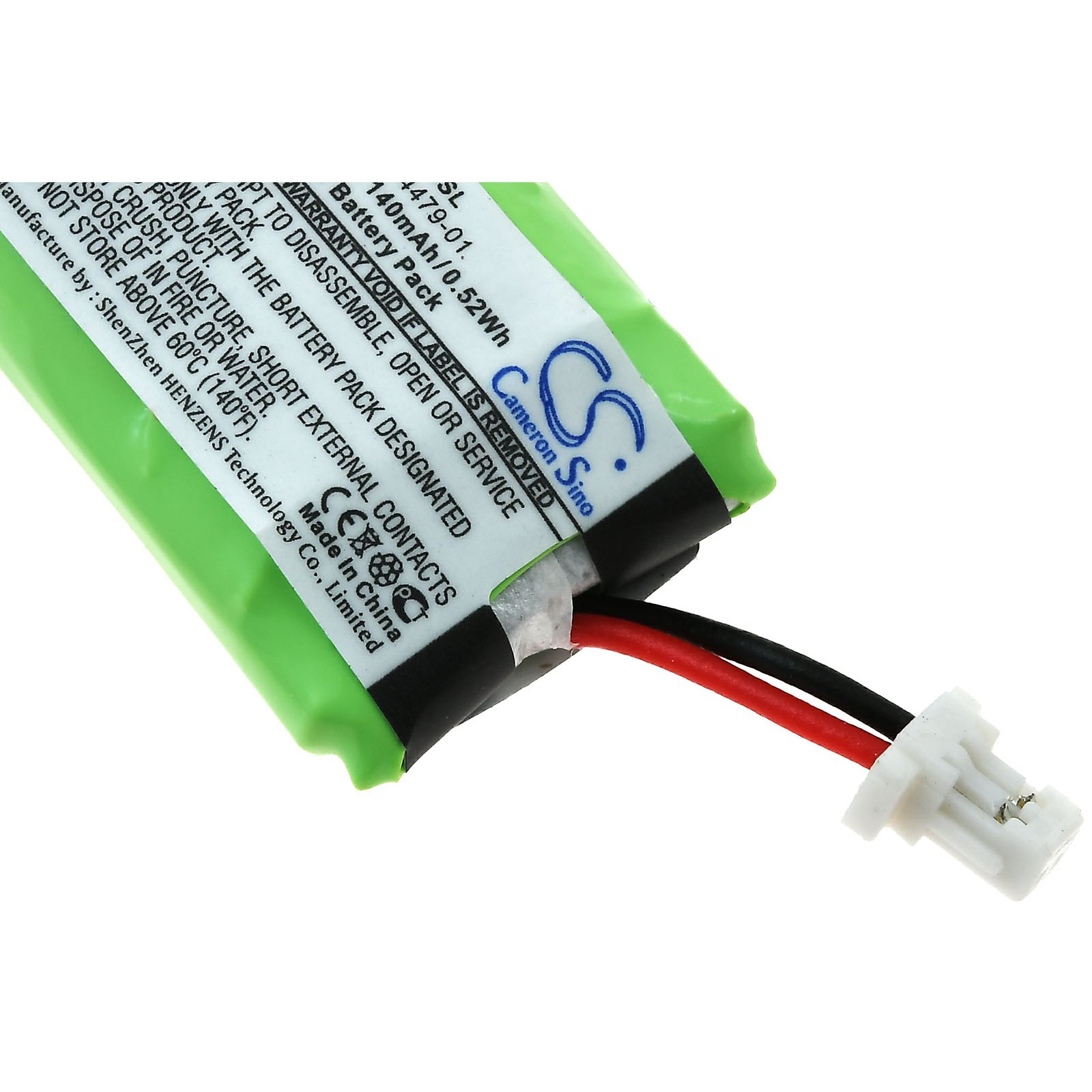 Paquete de batería verde con cables negro y rojo, conector blanco.