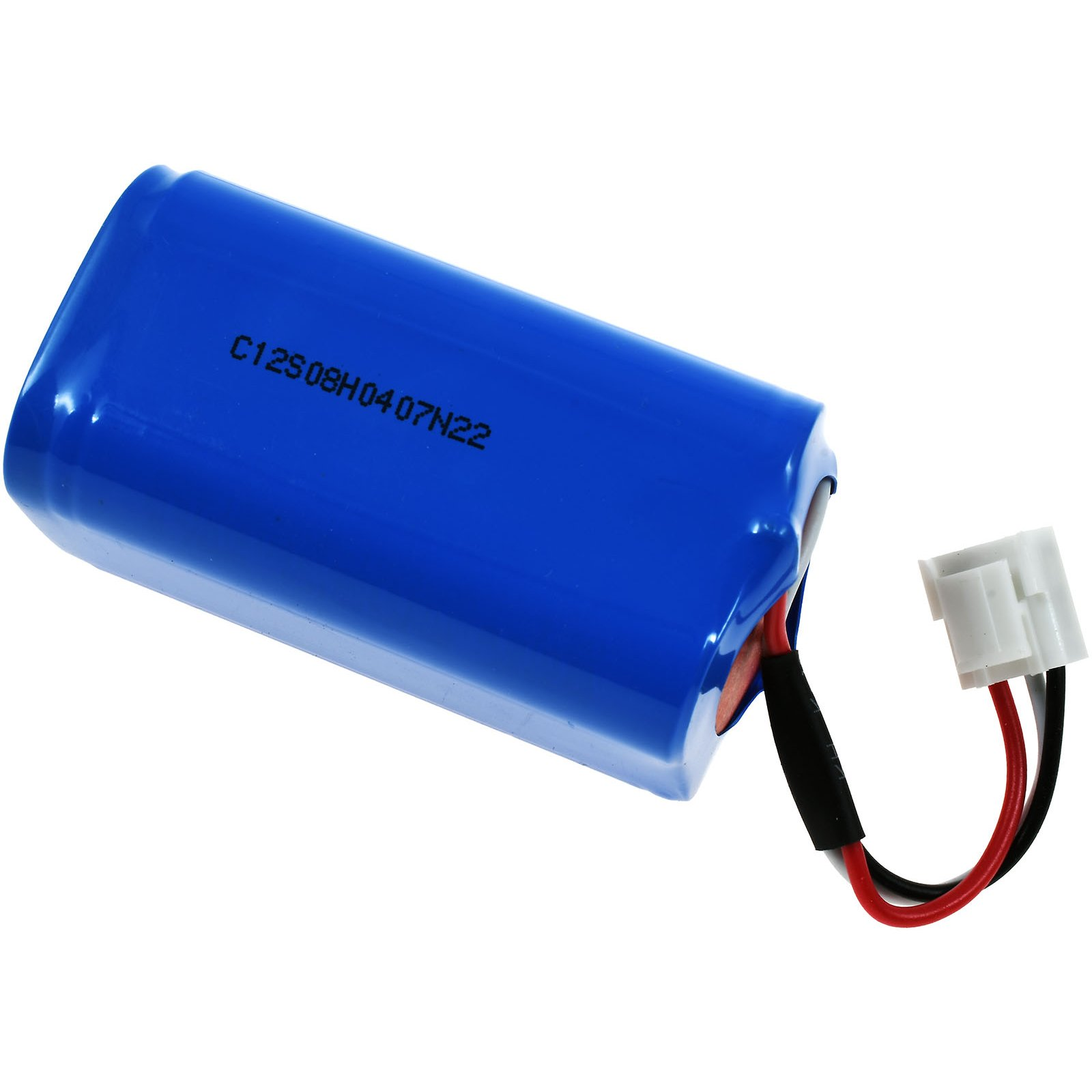 Eine blaue zylindrische Batterie mit Kabeln und einem weißen Stecker auf weißem Hintergrund.