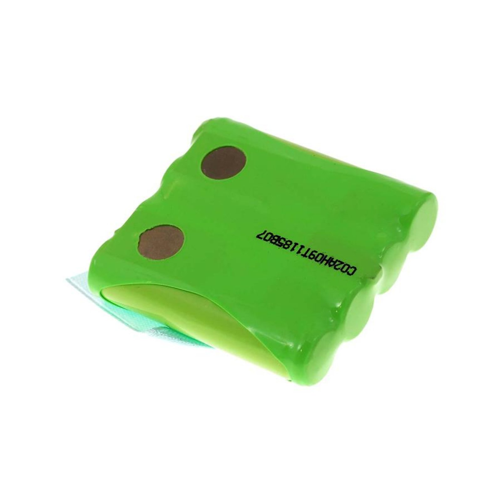 Batería verde con puntos marrones sobre un fondo blanco.