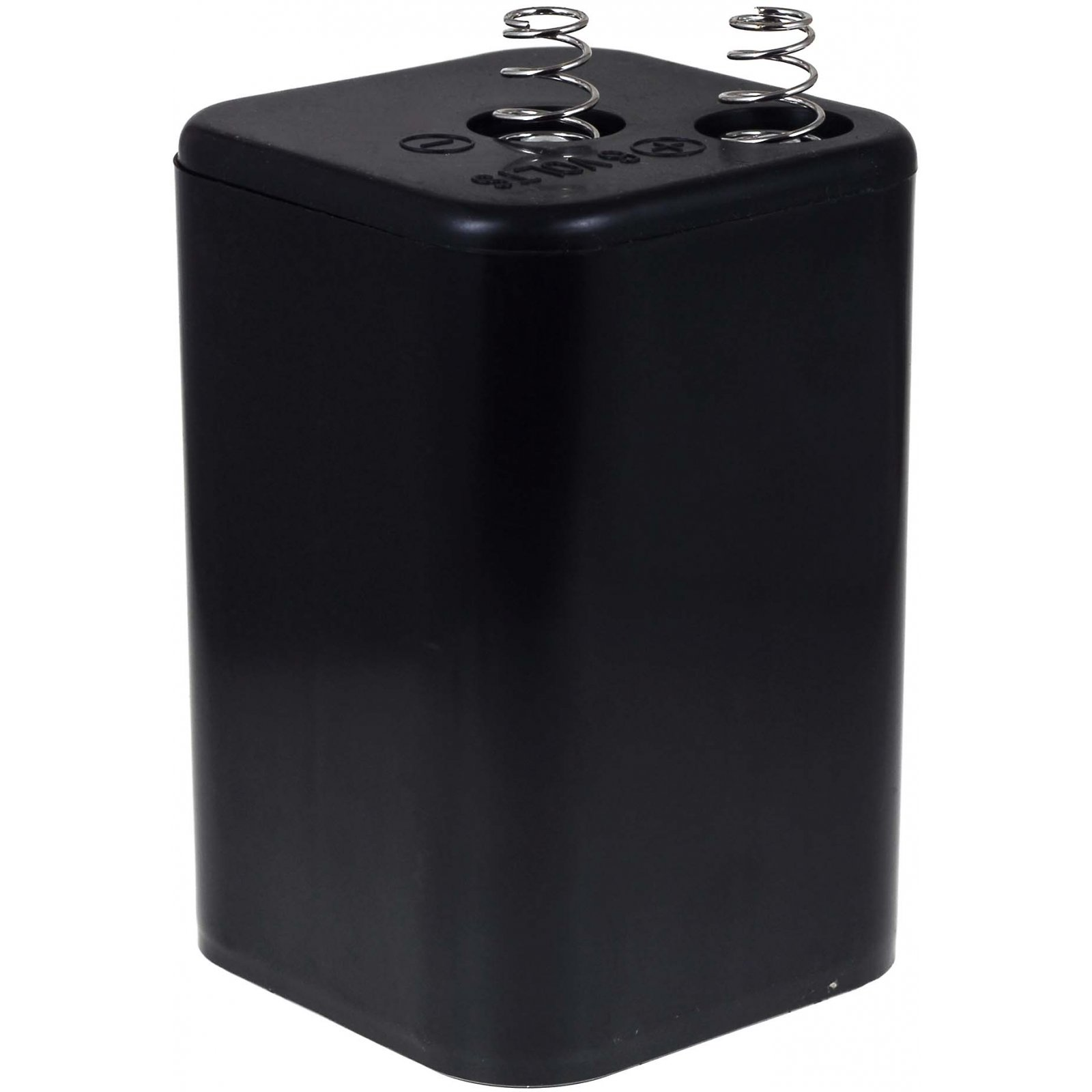 Batería negra con dos resortes metálicos en la parte superior. Es de forma rectangular sobre fondo blanco.