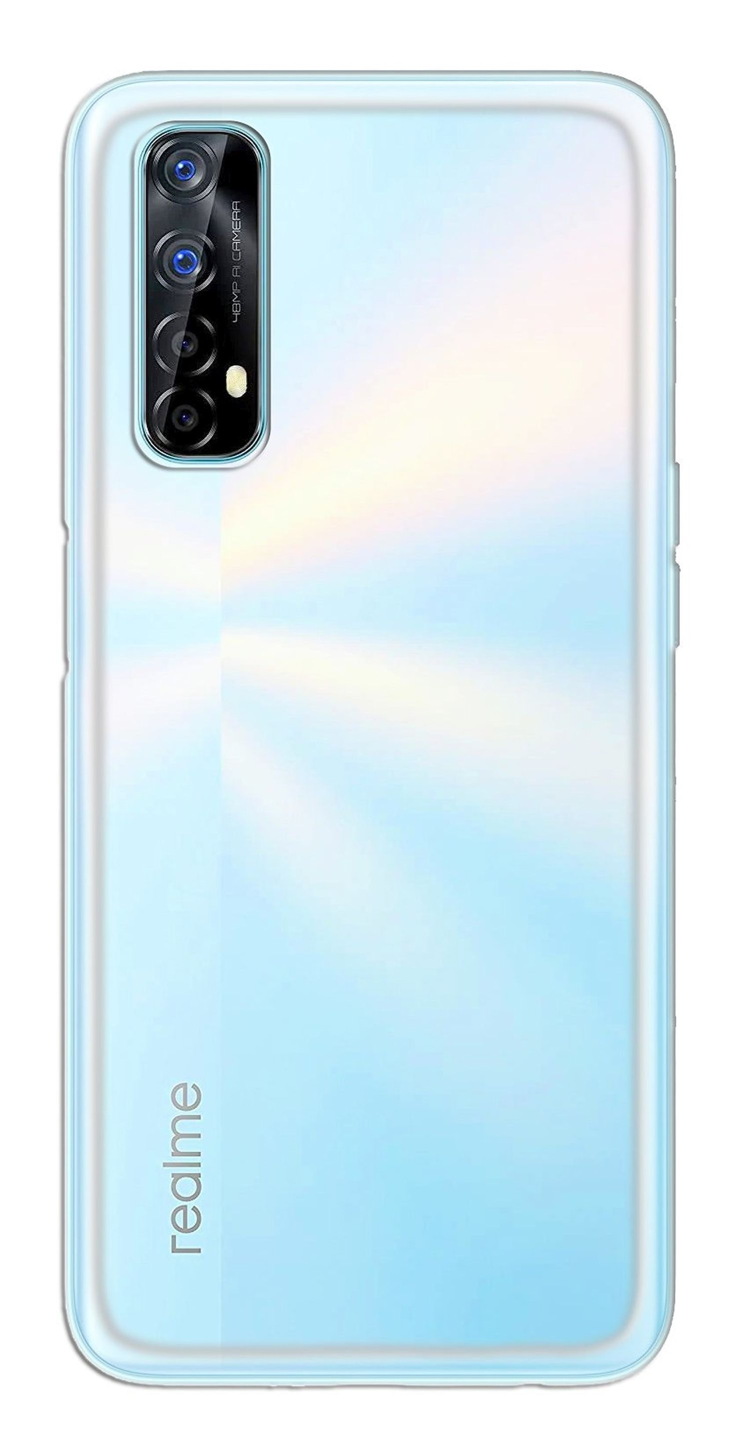 Blaue Telefonrückseite mit Dreifachkamera. Weißer Hintergrund.