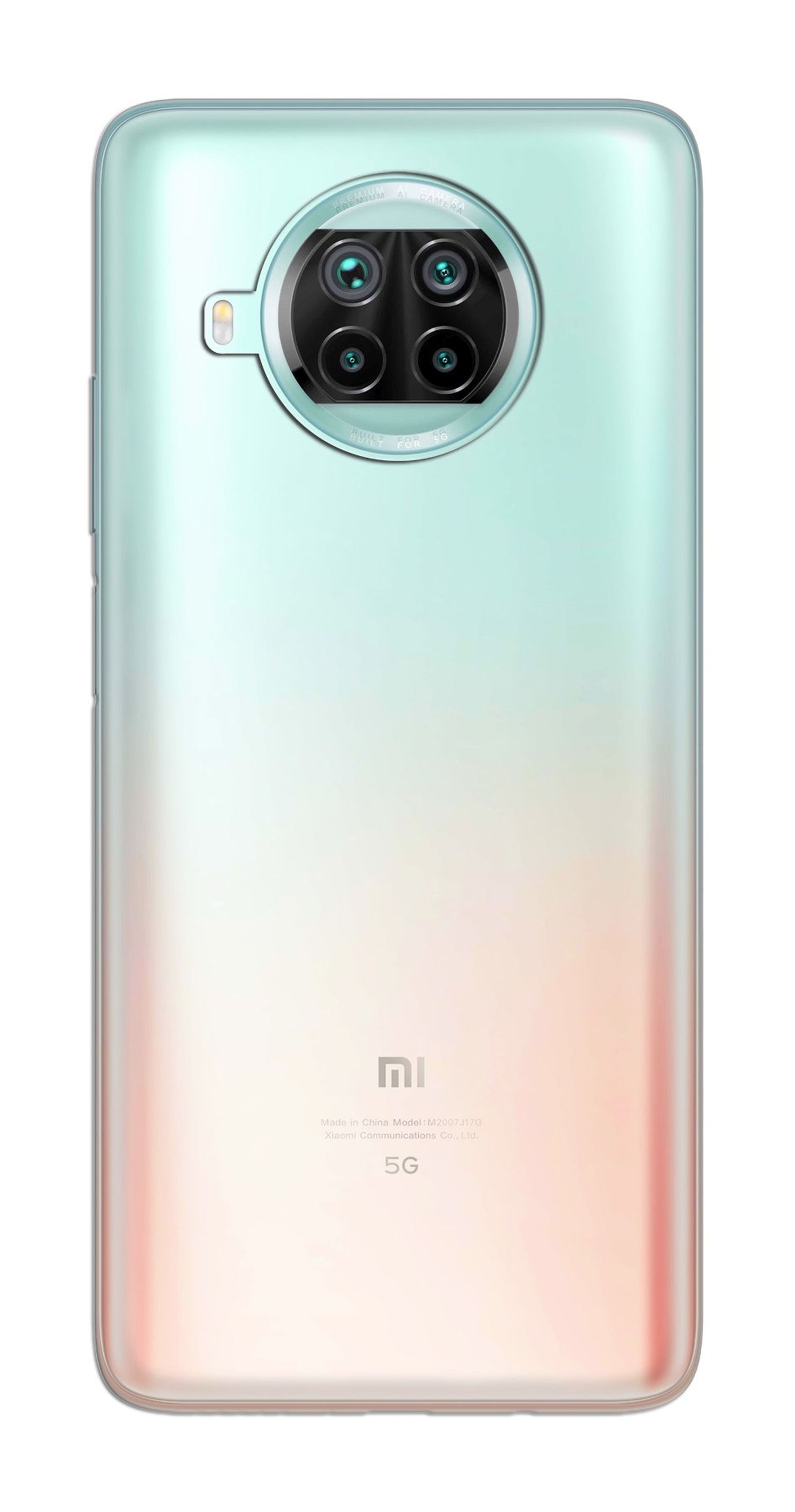 Minzgrünes Telefon mit rosa Farbverlauf auf der Rückseite. Weißer Hintergrund.