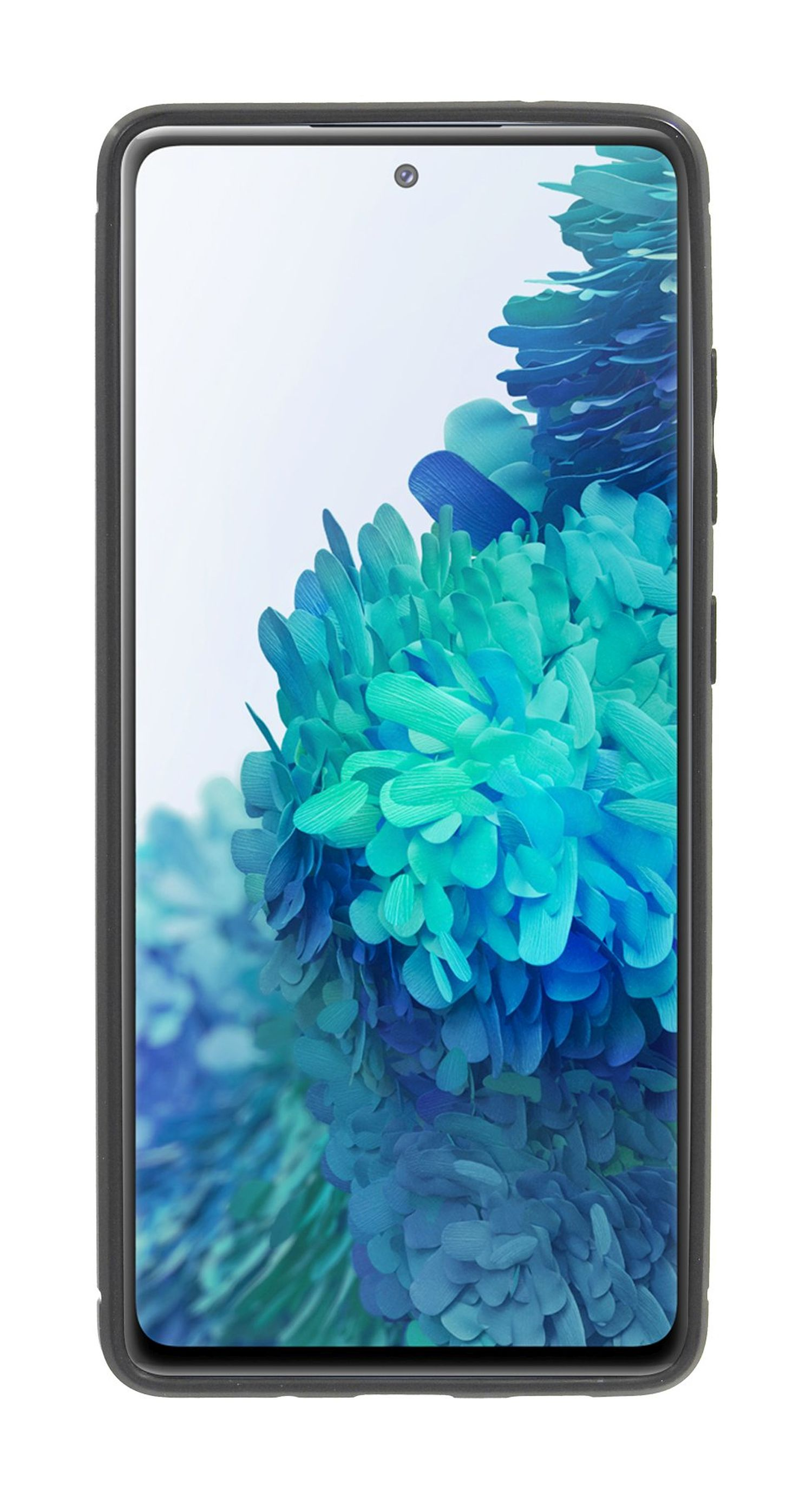 Smartphone mit schwarzer Hülle. Der Bildschirm zeigt ein blaues und türkisfarbenes Blumendesign.