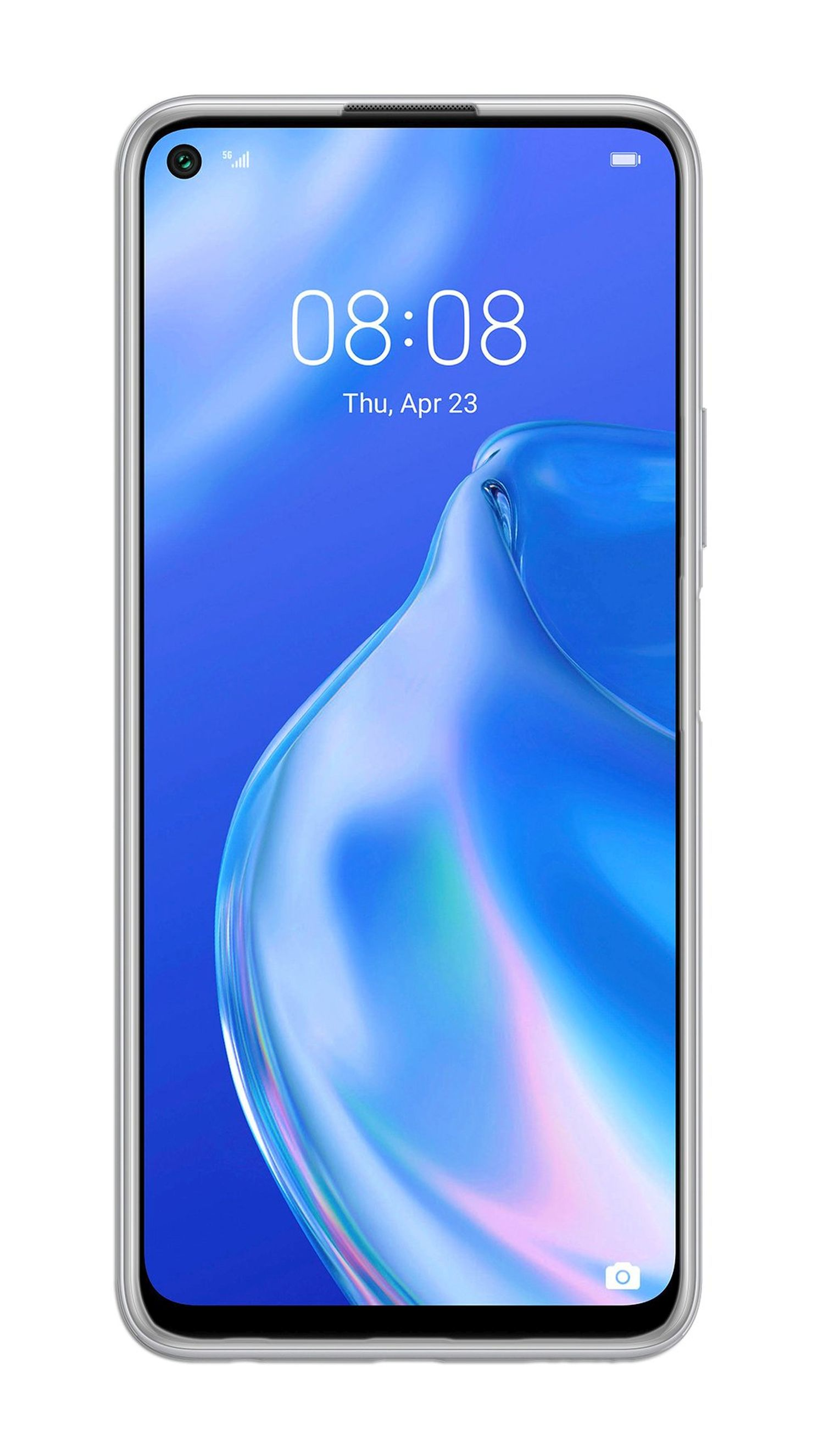 Ein Smartphone mit durchsichtiger Hülle zeigt die Uhrzeit 08:08 auf seinem blau-weißen Bildschirm. Datum: Donnerstag, 23. April.