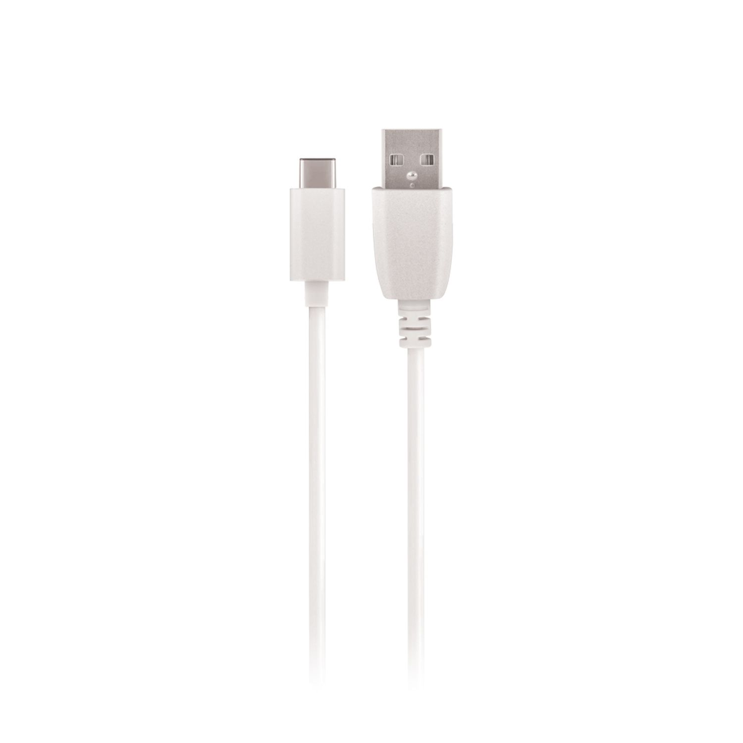 Weißes USB-Kabel mit USB-A- und USB-C-Anschlüssen. Weißer Hintergrund.