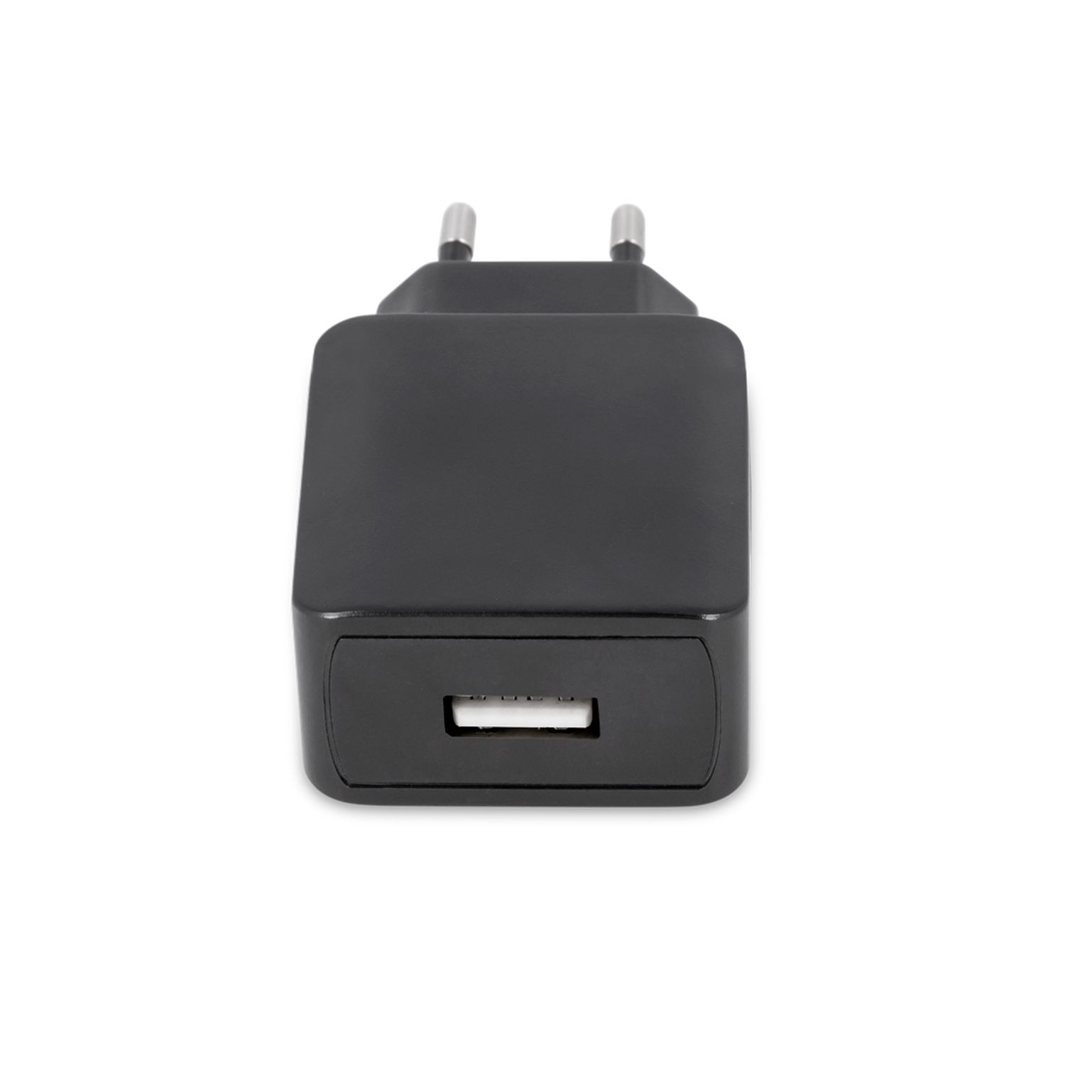 Schwarzes USB-Ladegerät mit silbernen Stiften, zentriert auf weißem Hintergrund.