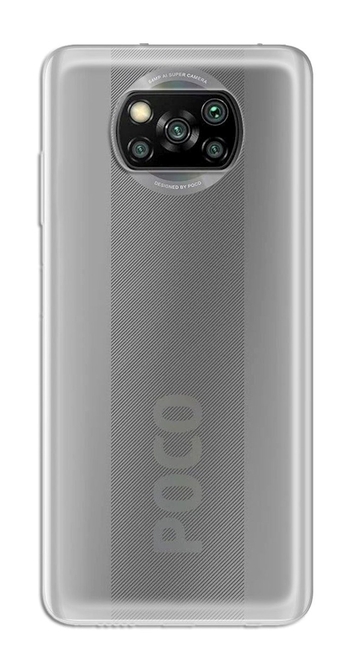 Silberne Telefonrückseite mit Dreifachkamera und dem Wort 'Poco' unten.