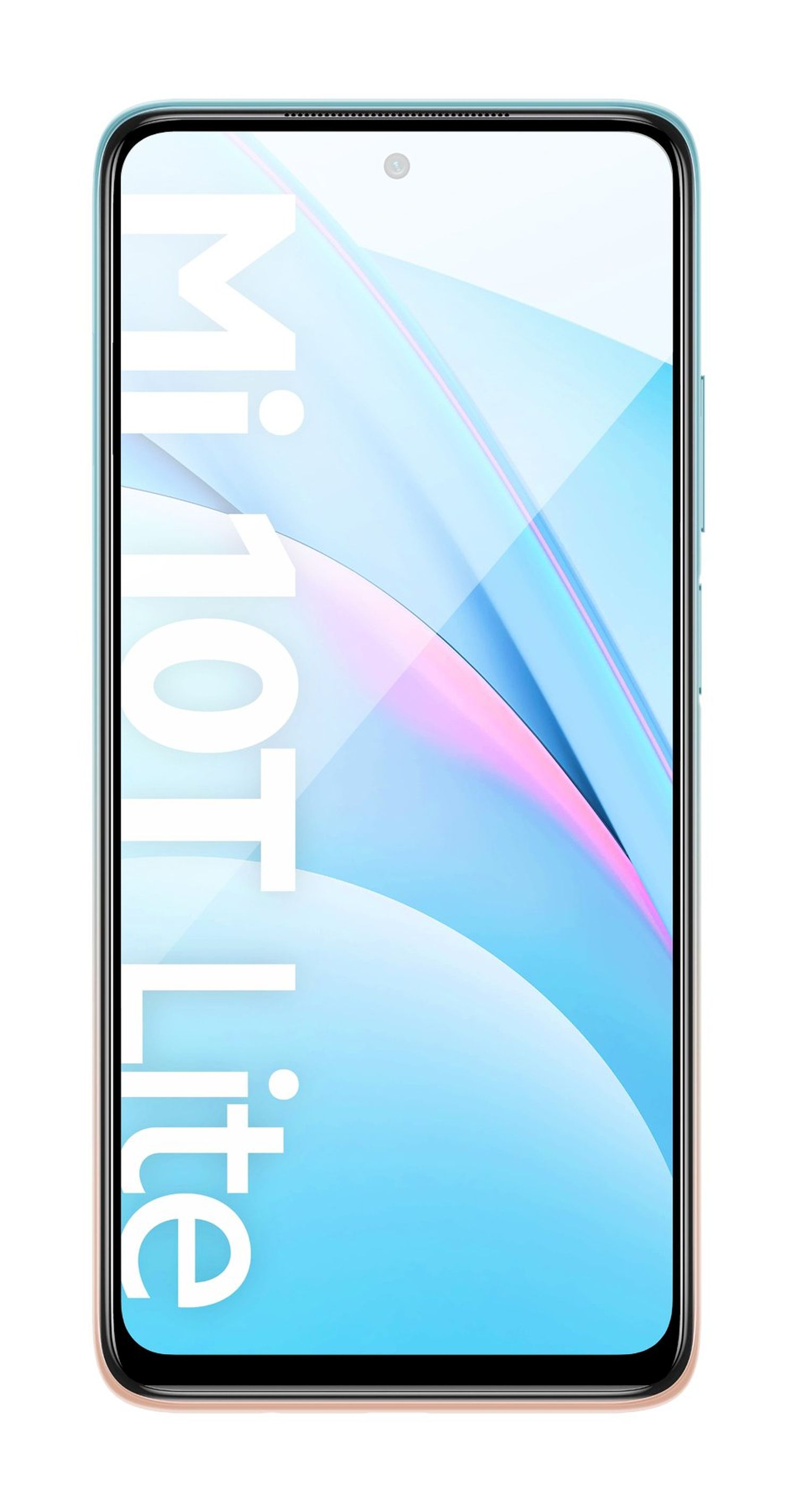 Ein Telefon mit hellblauem Rücken und einem Bildschirm mit den Worten 'Mi 10T lite'.