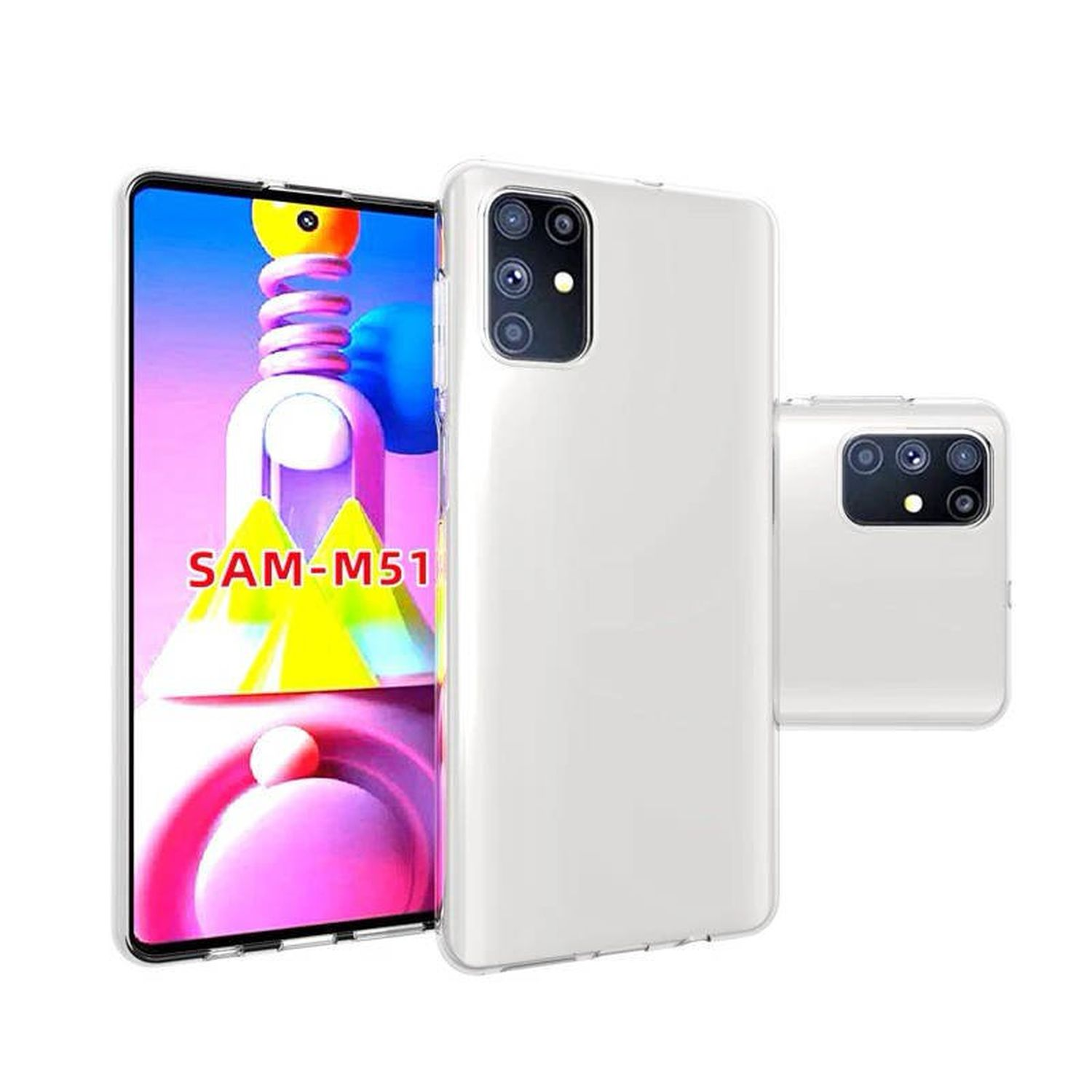 Weiße Handyhülle mit drei Handys. Telefonbildschirm zeigt SAM-M51. Weißer Hintergrund.