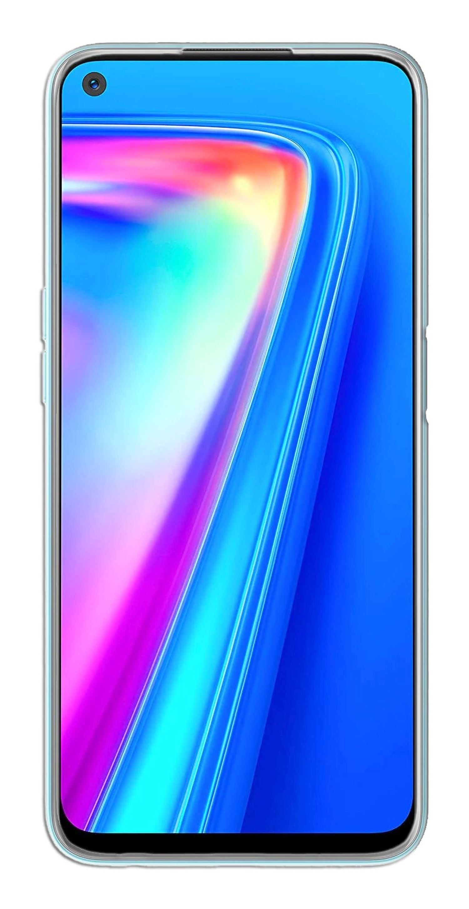 Smartphone mit blau-lila Farbverlauf auf dem Bildschirm. Es ist in einer durchsichtigen Hülle. Der Hintergrund ist weiß.