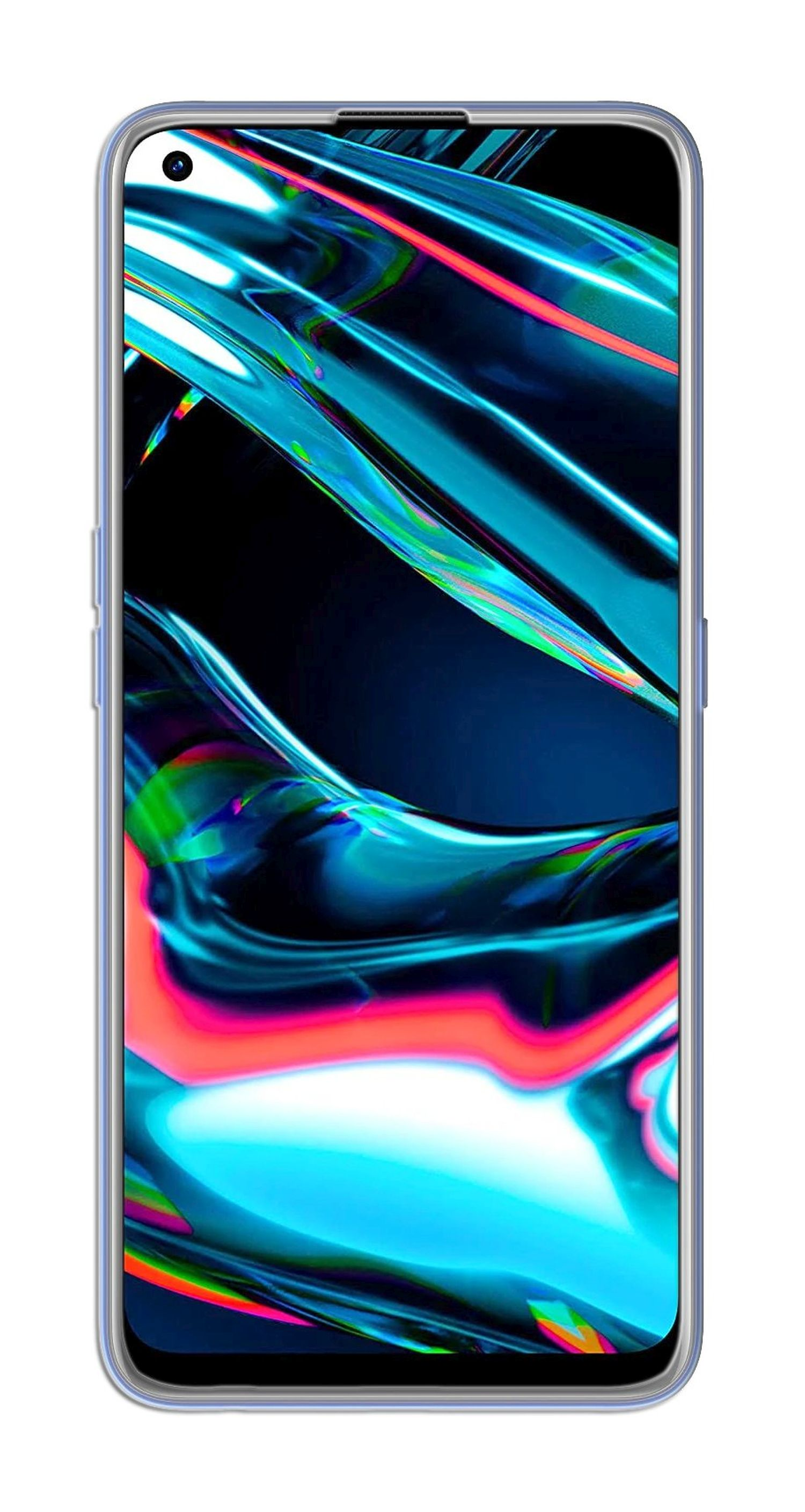 Smartphone mit Displayschutz, der einen farbenfrohen, abstrakten Hintergrund zeigt.