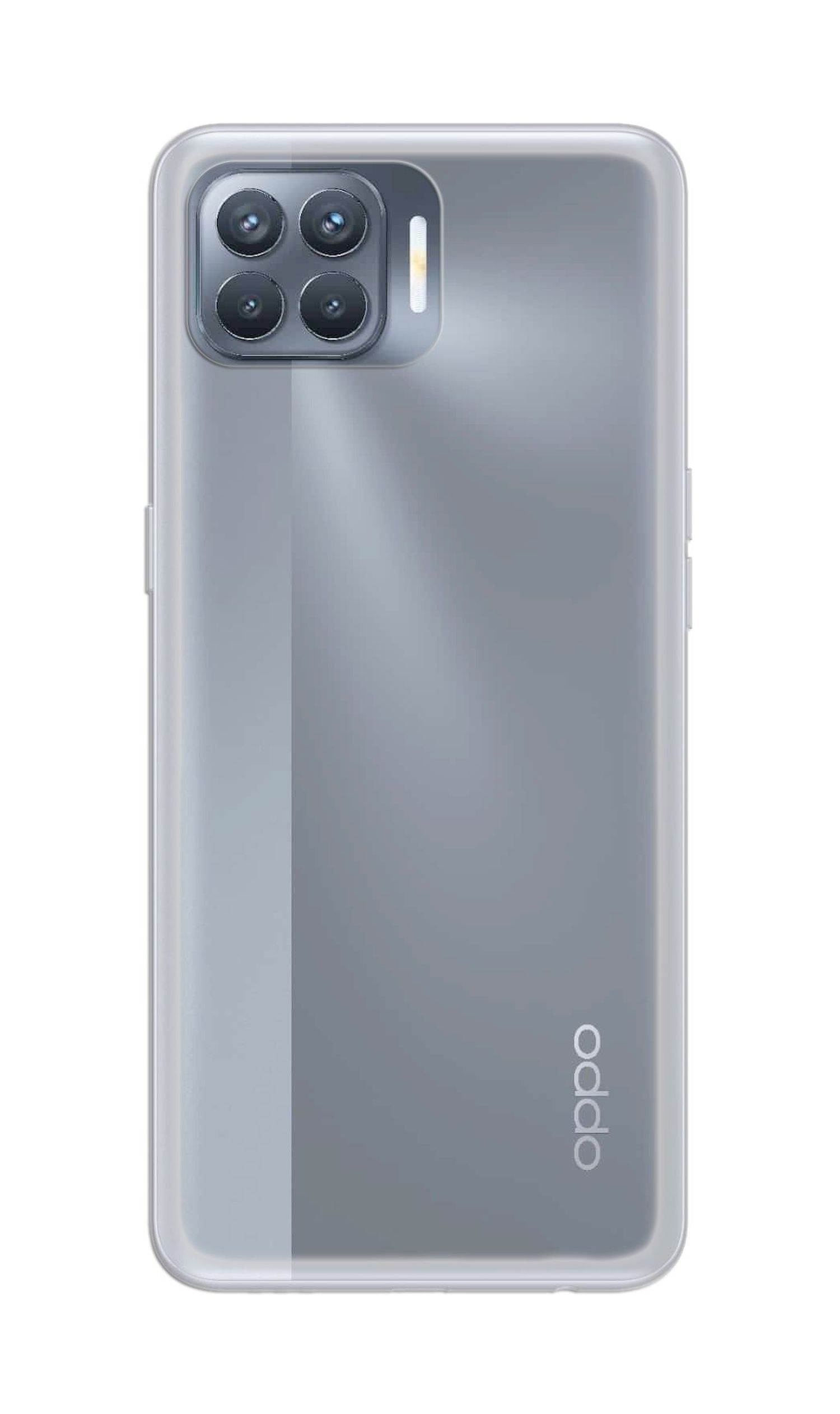 Graues Oppo-Smartphone, Rückseite mit Quad-Kamera-Anordnung zeigend.