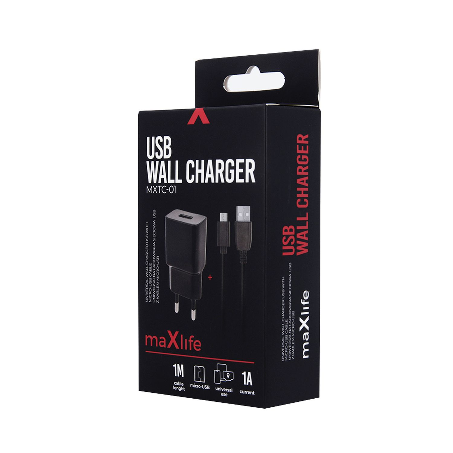 Eine schwarze Schachtel mit einem USB-Wandladegerät und einem Kabel.