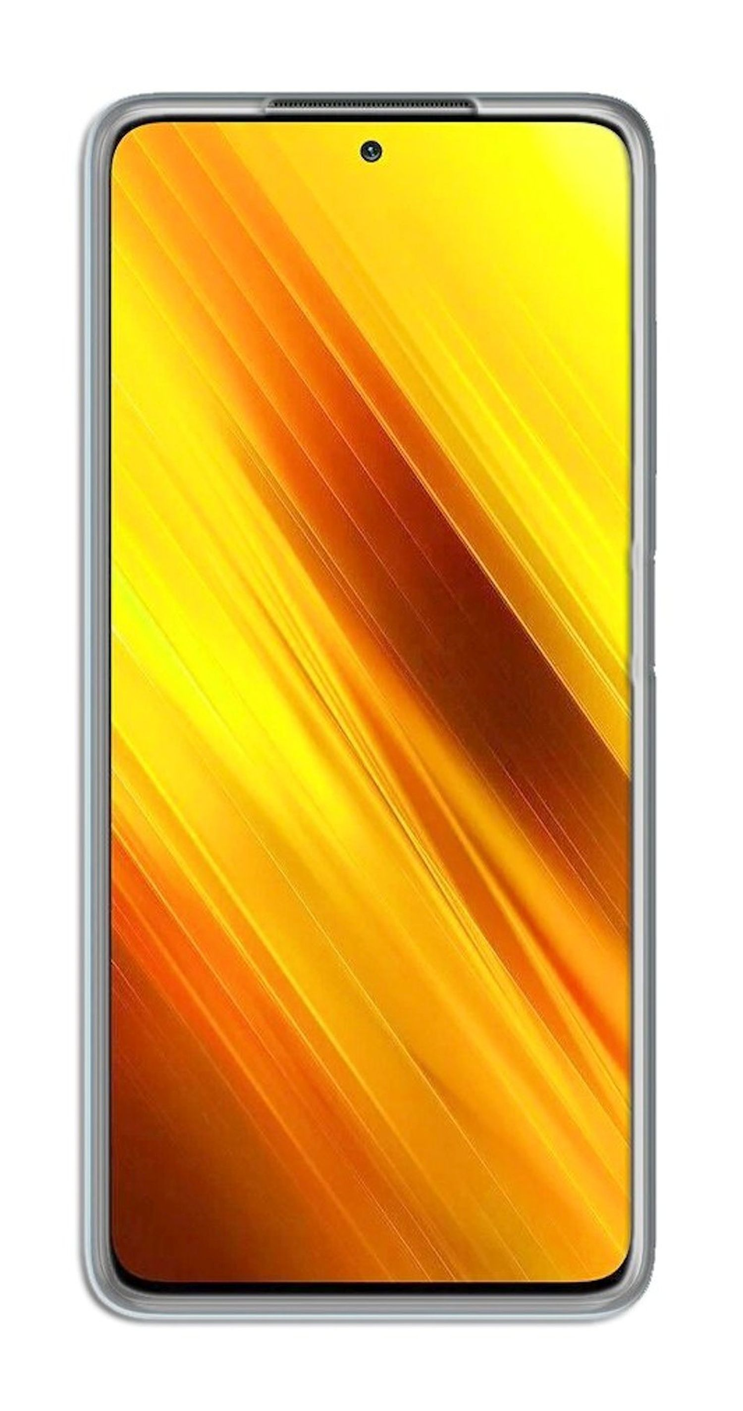 Ein Smartphone mit gelbem Farbverlauf-Display, geschützt durch eine transparente Schutzhülle.