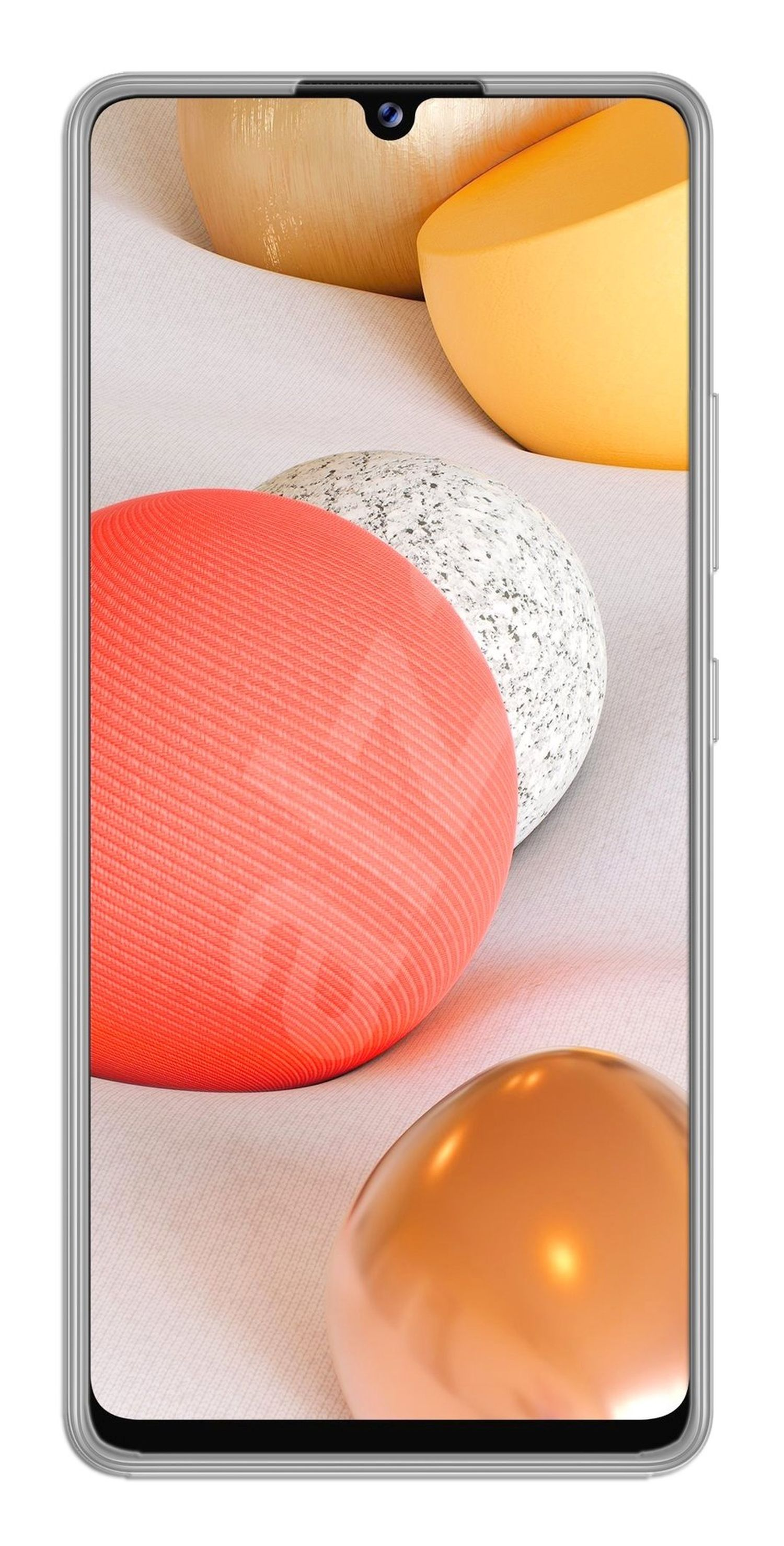 Ein Smartphone mit Display, das bunte Kugeln zeigt. Das Telefon hat einen silbernen Rahmen und einen weißen Hintergrund.