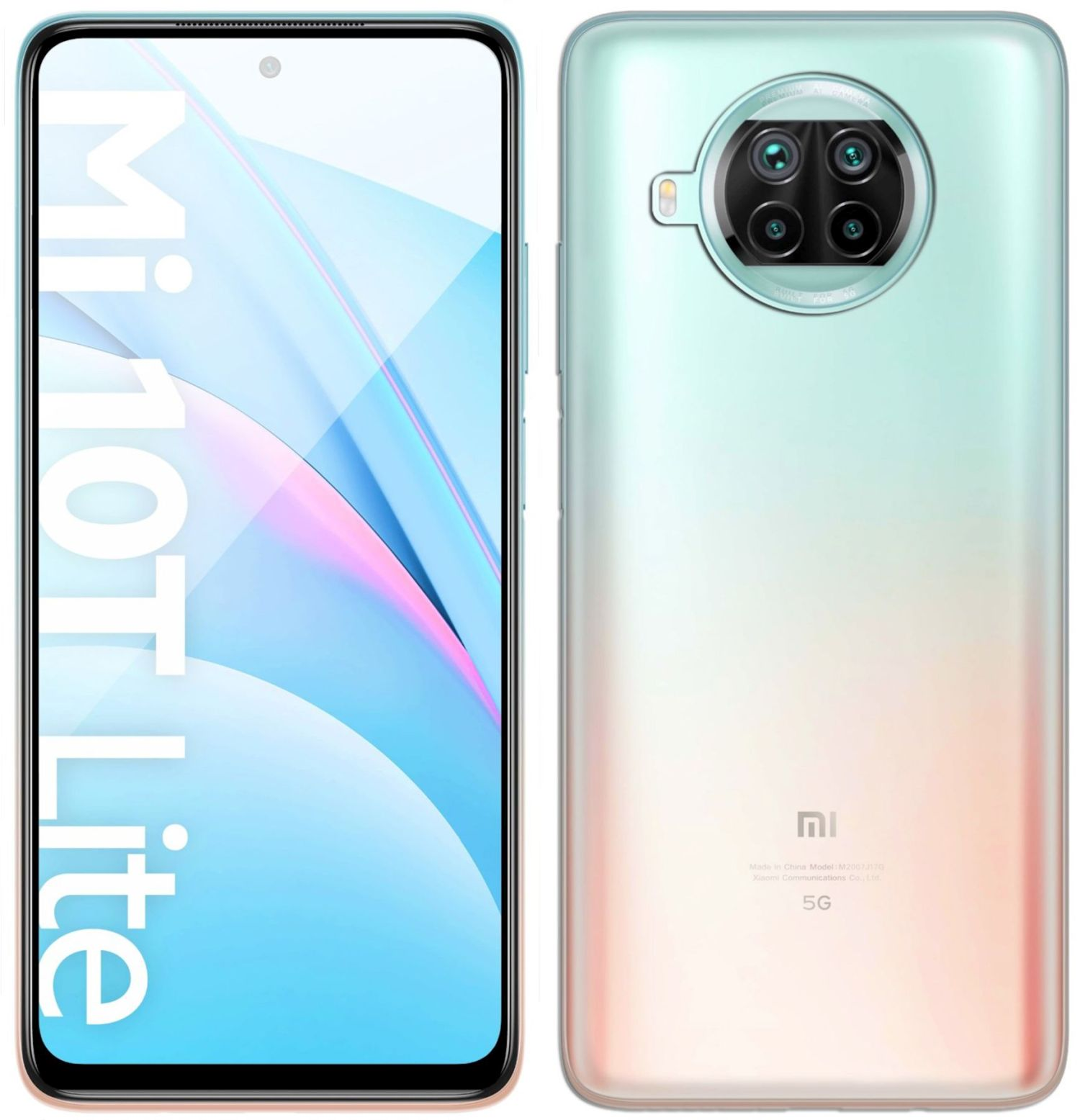 Minzfarbenes Telefon, Vorder- und Rückansicht. Pink bis orangefarbener Farbverlauf. Weißer Hintergrund.
