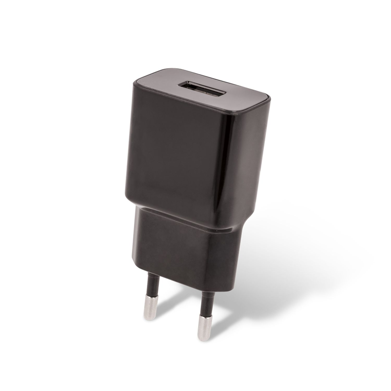 Ein schwarzes Telefonladegerät mit zwei Stiften. Es hat oben einen einzelnen USB-Anschluss.