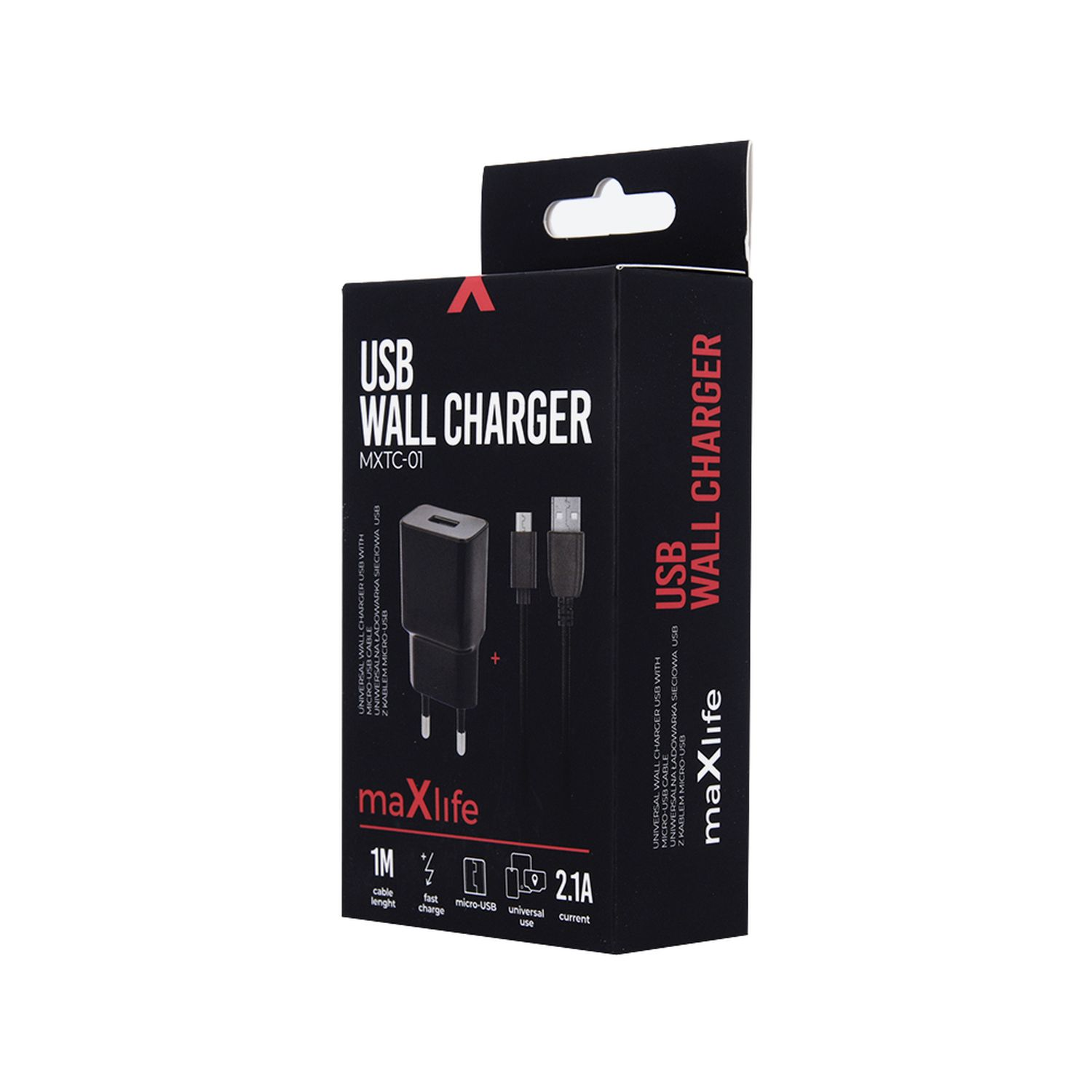 Schwarzes und rotes USB-Wandladegerät in einer Box. Text auf der Box: USB-WANDLADEGERÄT.