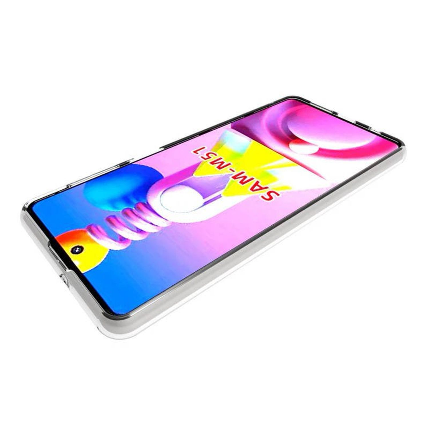 Ein Telefon mit einer transparenten Hülle, mit farbenfrohem Hintergrund, vor weißem Hintergrund.
