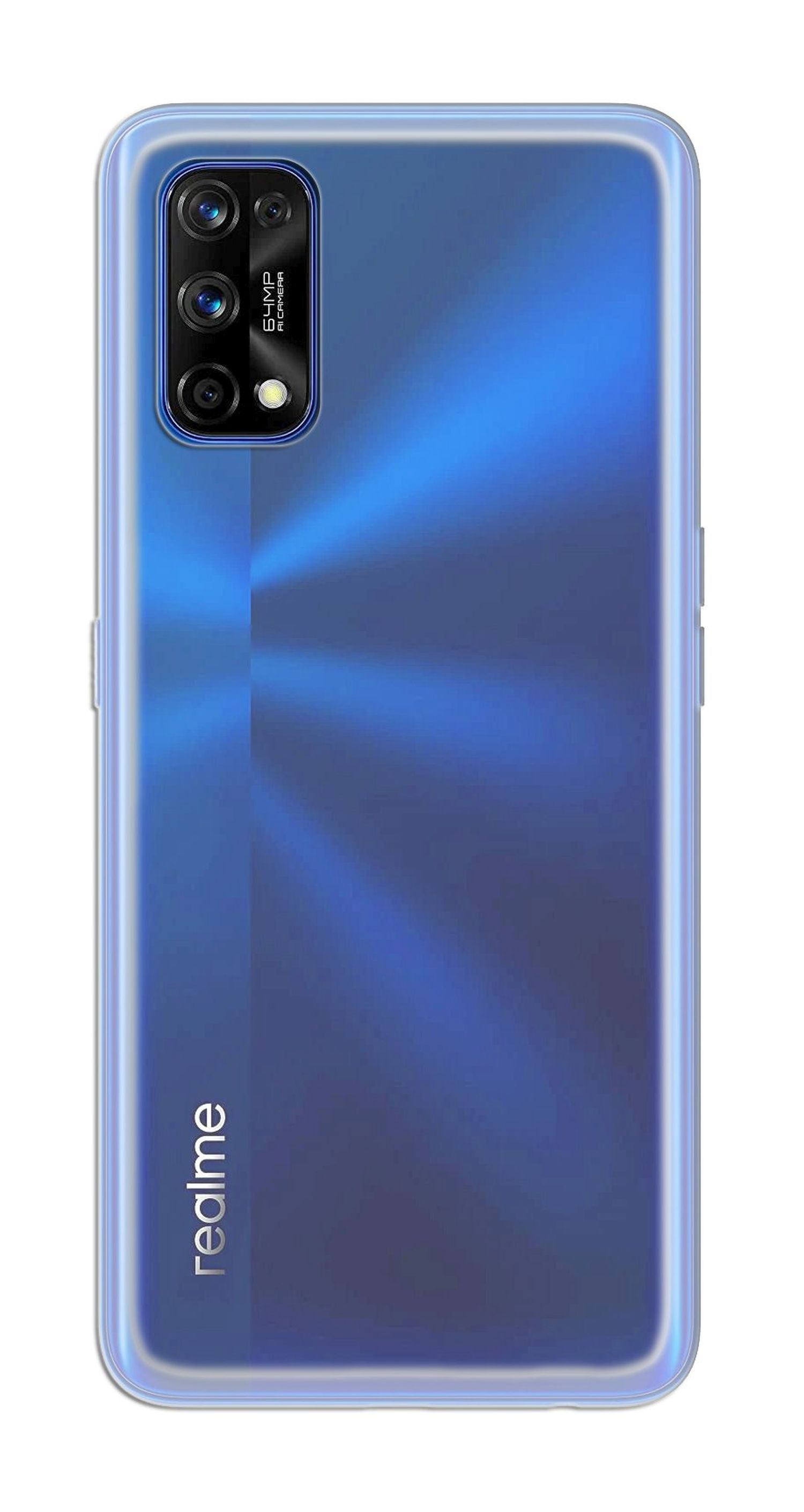 Blaues Telefon mit Kamera, Rückansicht. Weißer Hintergrund.