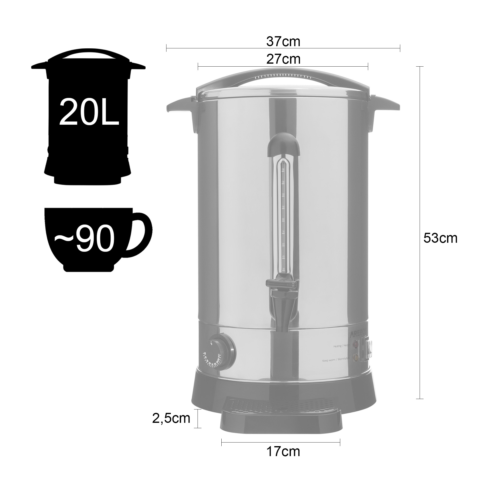 Ein großer, silberner Wasserkocher mit Abmessungen. Er ist mit 20L gekennzeichnet.
