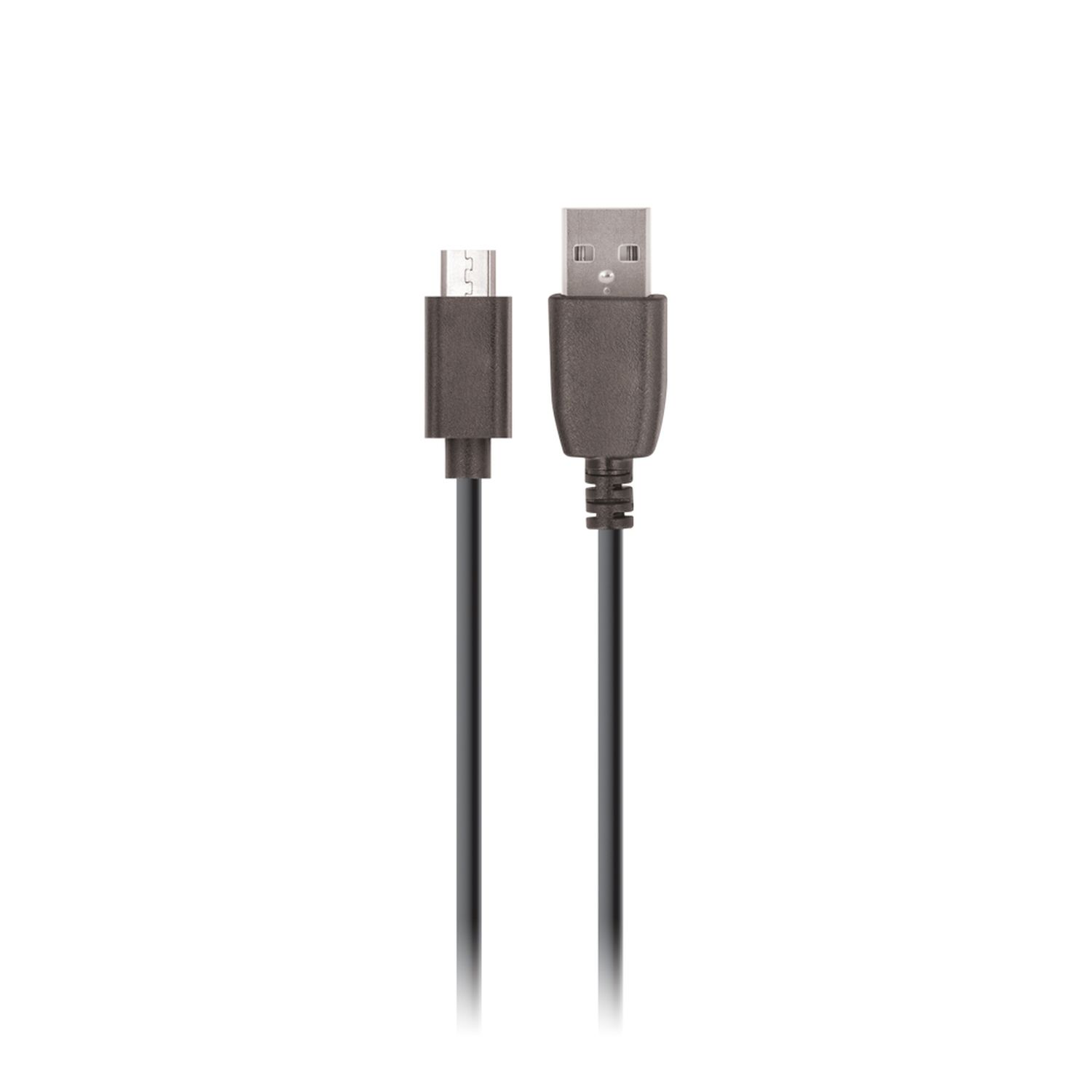 Ein schwarzes USB-Kabel mit Micro-USB- und USB-A-Anschluss vor weißem Hintergrund.
