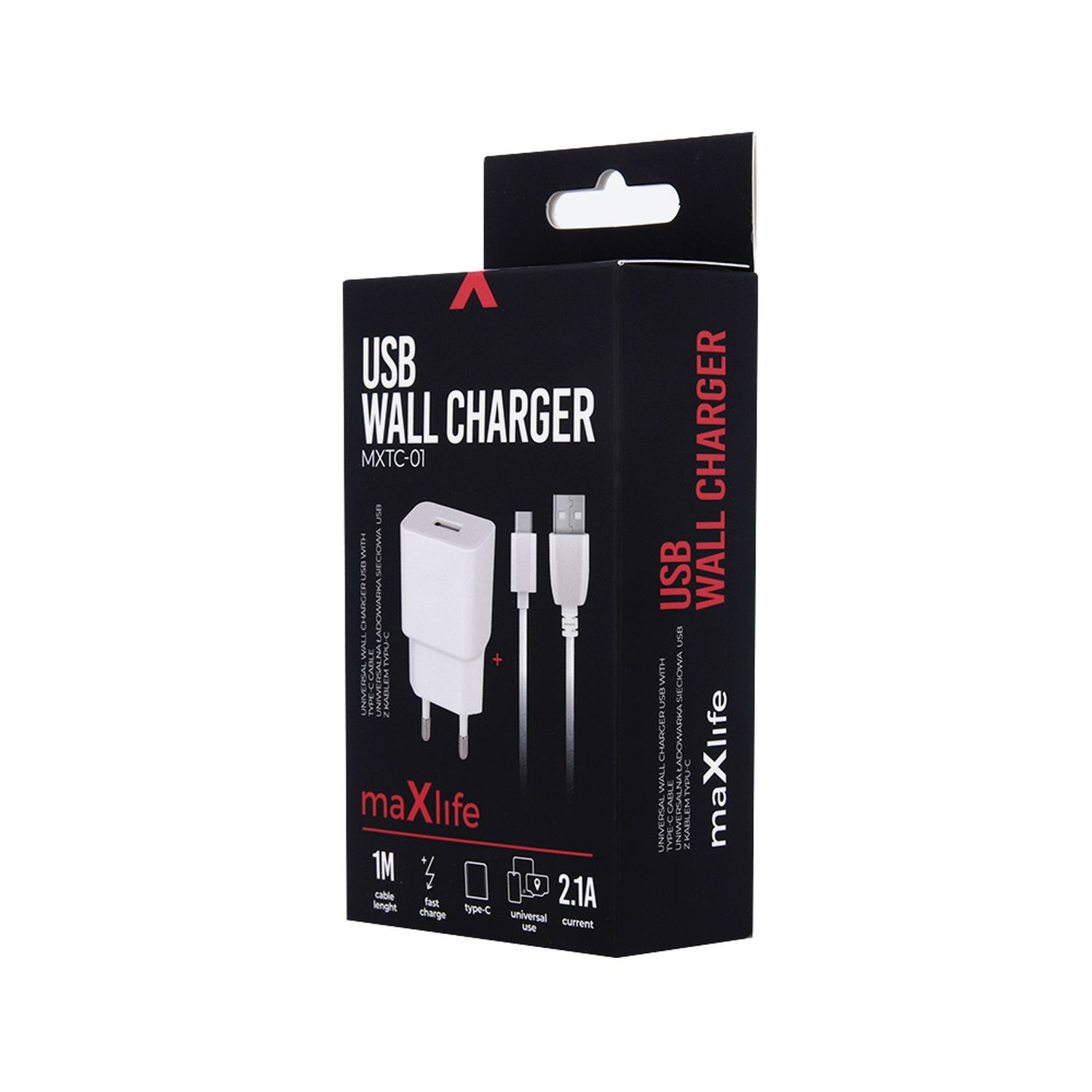 Weißes USB-Wandladegerät in einer Box mit Ladekabel. Die Box hat Text und Logos.
