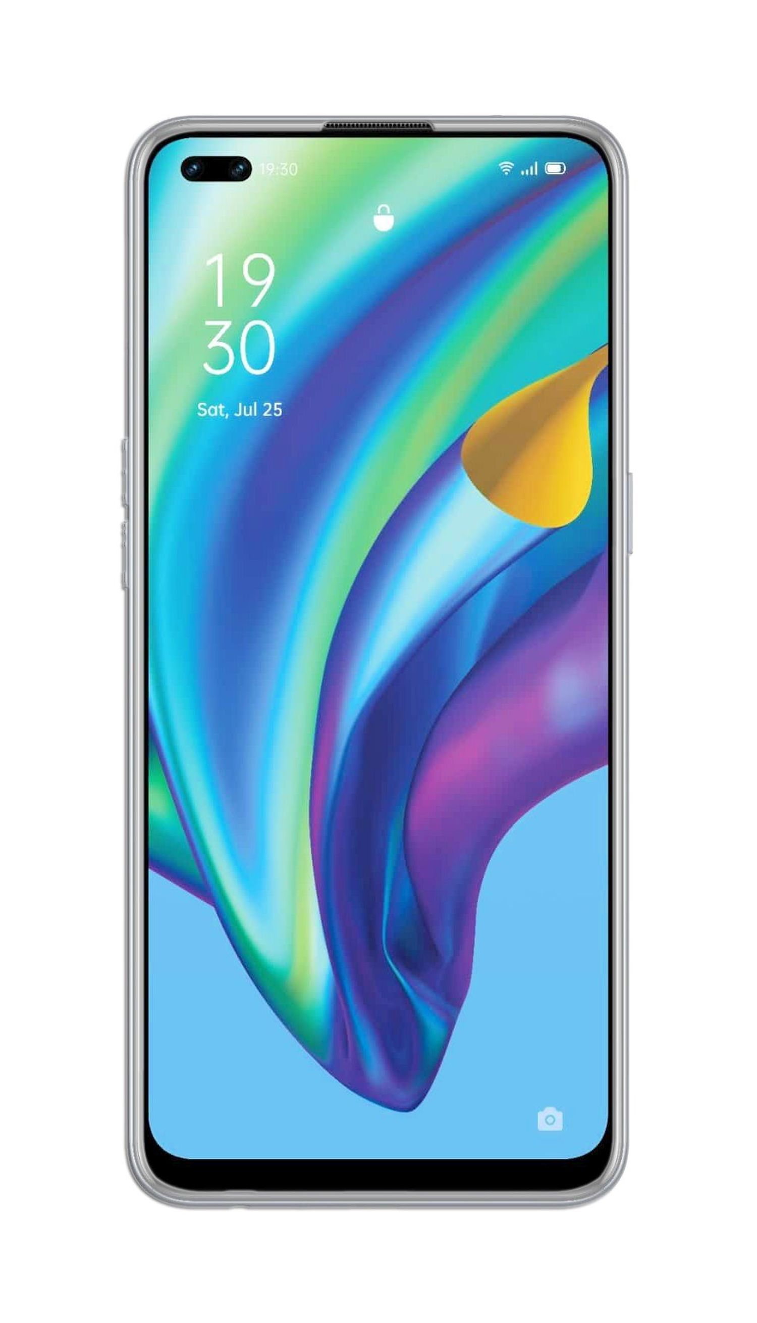 Smartphone mit Bildschirm, der Uhrzeit, Datum und ein farbenfrohes abstraktes Design anzeigt.