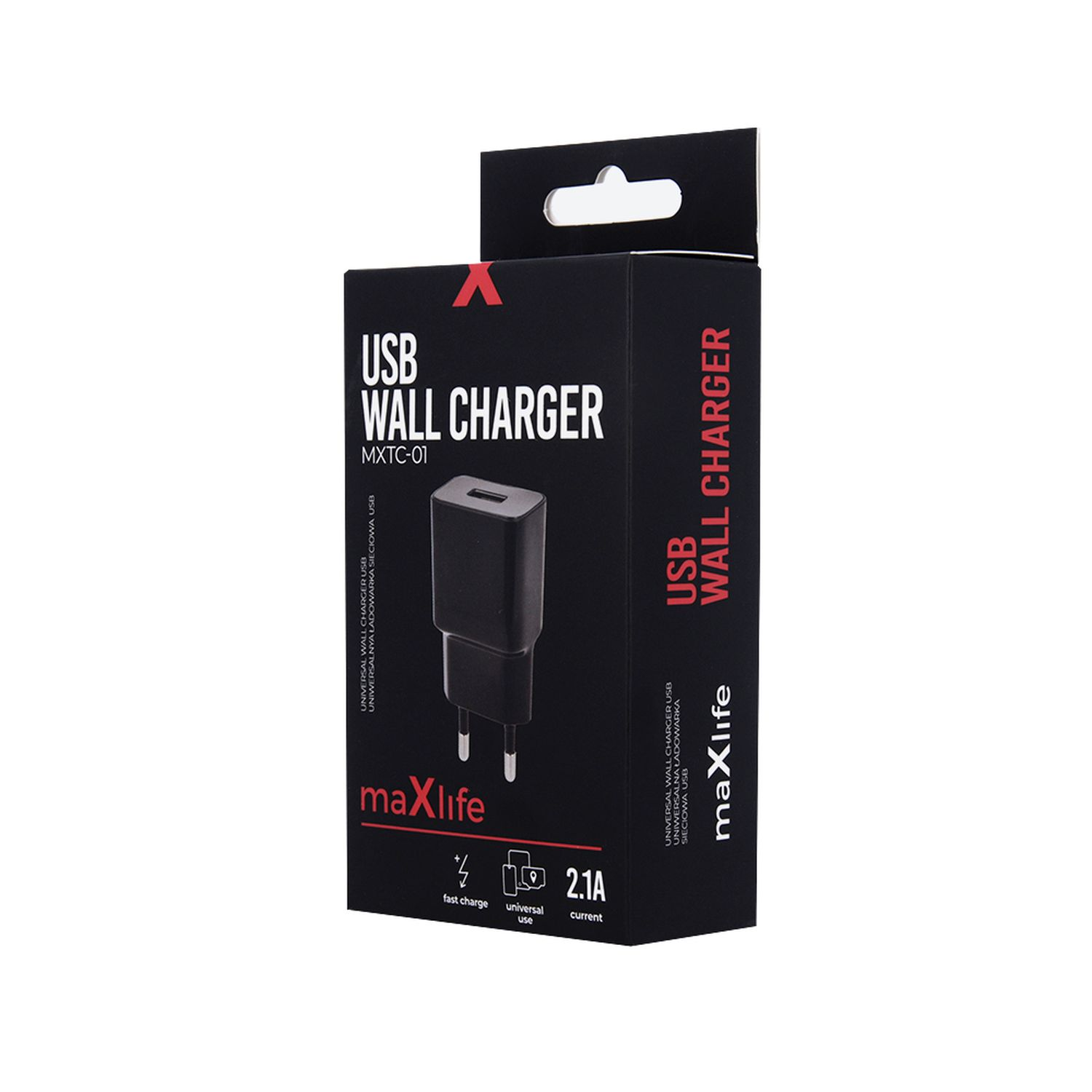 Schwarzes USB-Wandladegerät in einer schwarz-roten Box. Das Ladegerät hat einen schwarzen Stecker und Gehäuse.