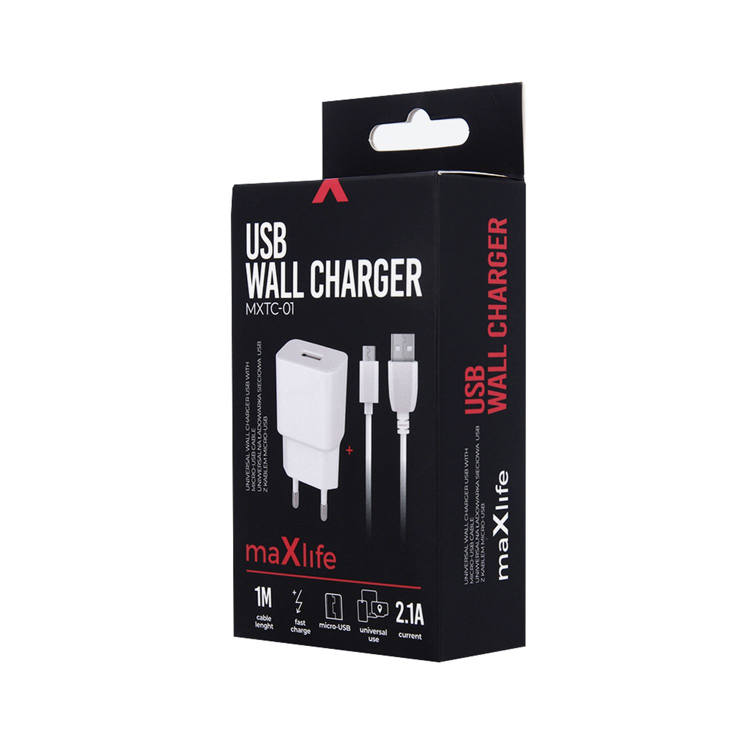 Ein weißes USB-Wandladegerät in einer schwarzen Box. Ein USB-Kabel ist am Ladegerät befestigt.
