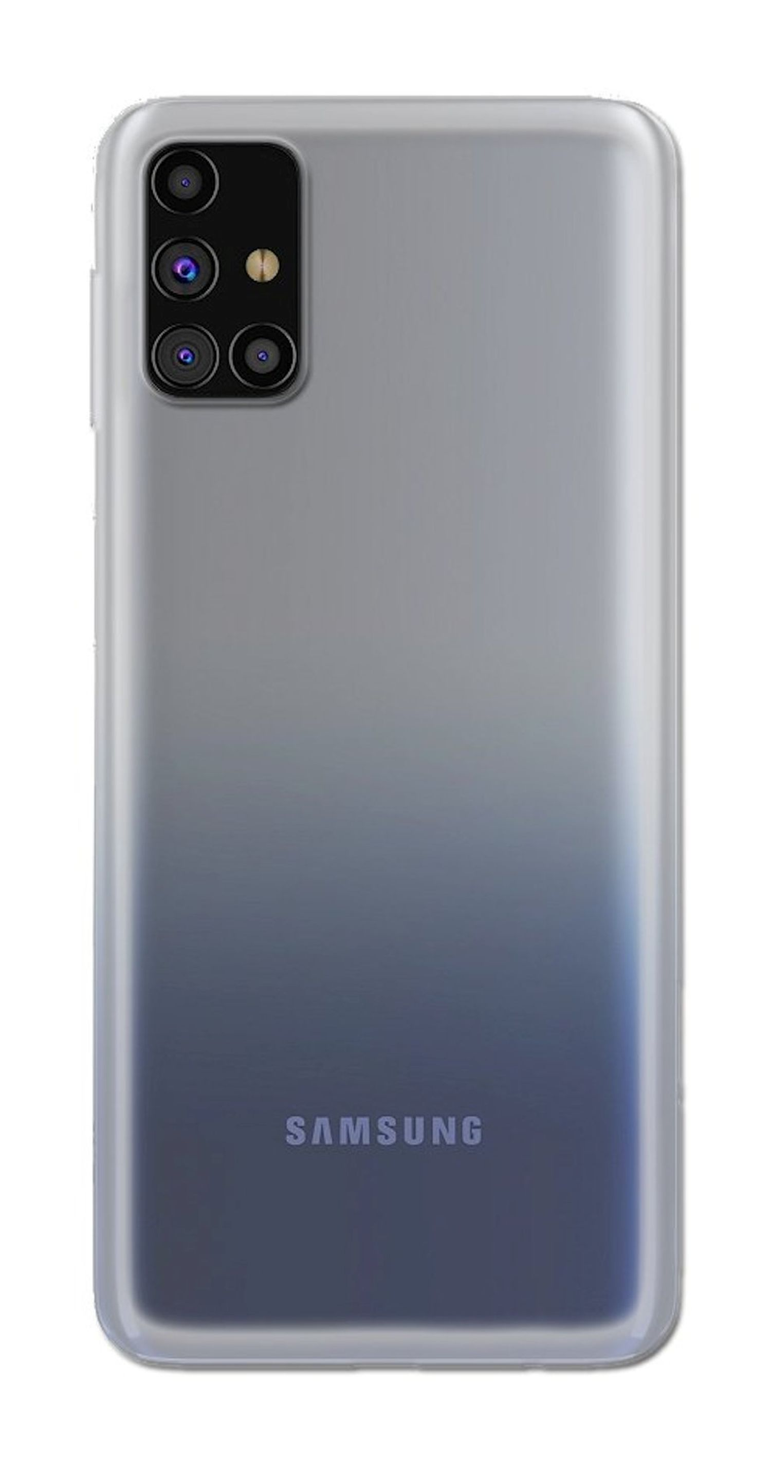 Grauer Farbverlauf auf der Rückseite eines Samsung-Telefons mit Quad-Kameras und Samsung-Logo. Kanten sind leicht transparent.