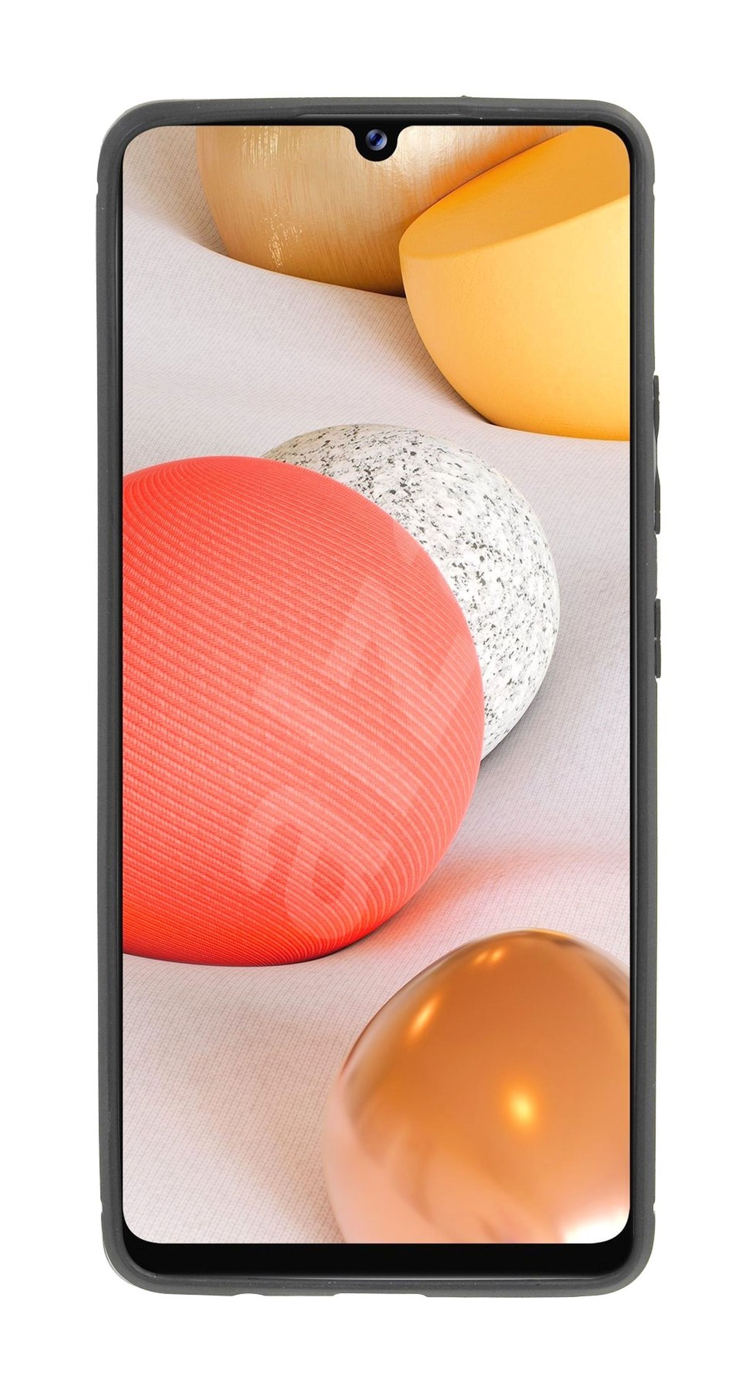 Smartphone mit einem Bildschirm, der farbige Kugeln zeigt. Schwarzes Gehäuse. Weißer Hintergrund.