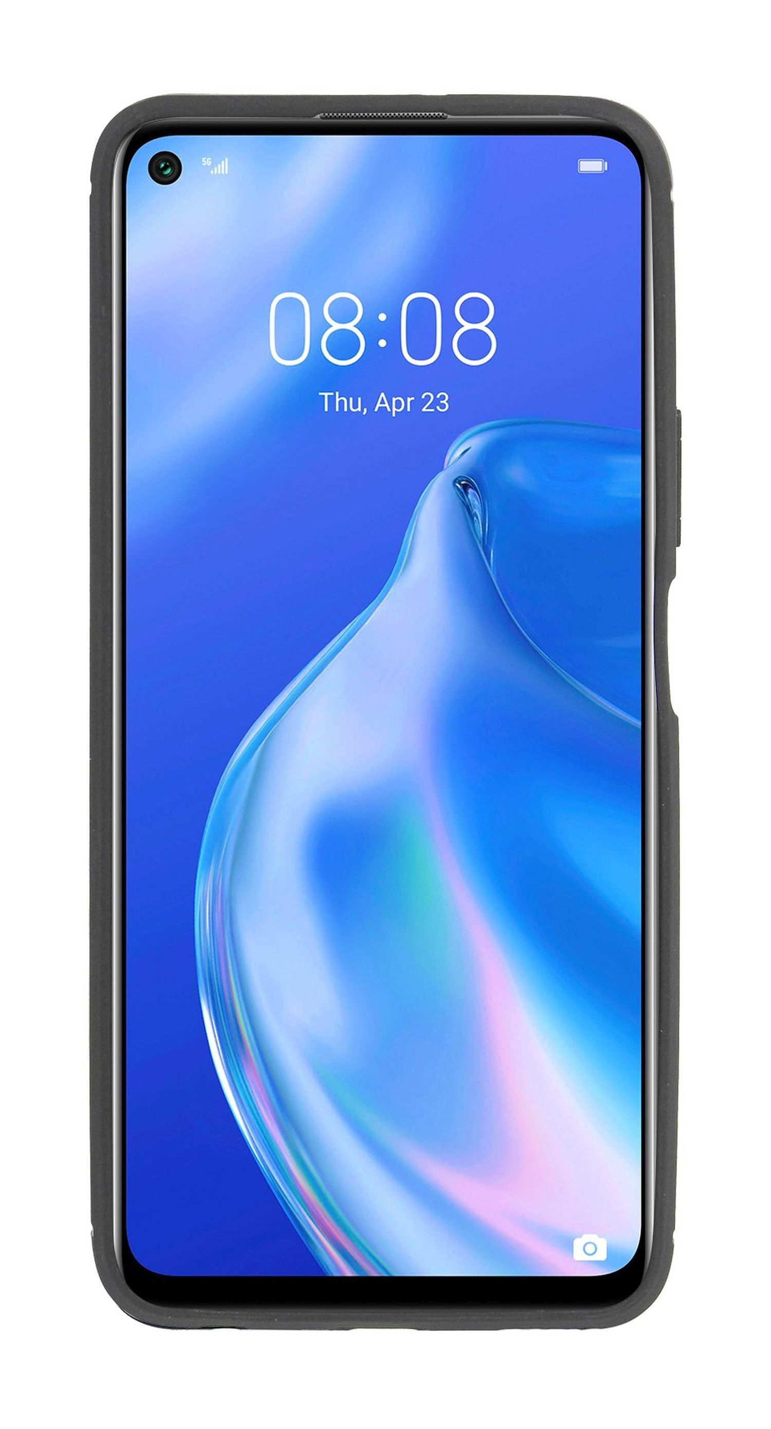 Schwarzes Smartphone mit blauem Bildschirm, der Zeit und App-Symbole anzeigt.