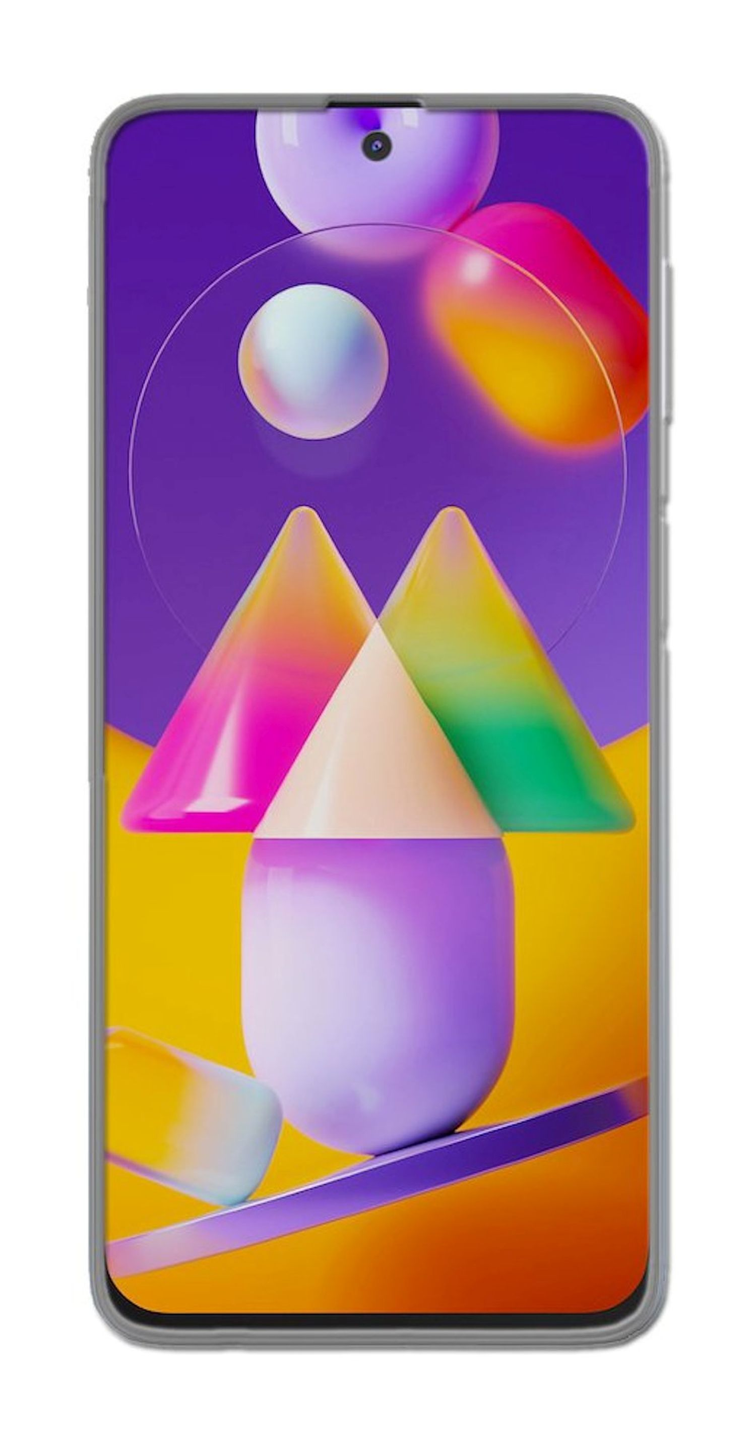 Smartphone mit einem lila, gelben und orangenen abstrakten Hintergrund mit Formen.