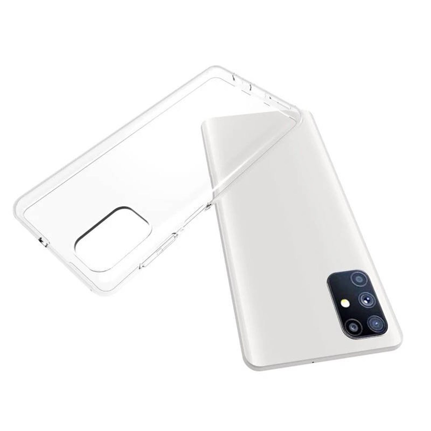 Transparente Handyhülle mit Telefon darin und Kamera auf der Rückseite. Weißer Hintergrund.