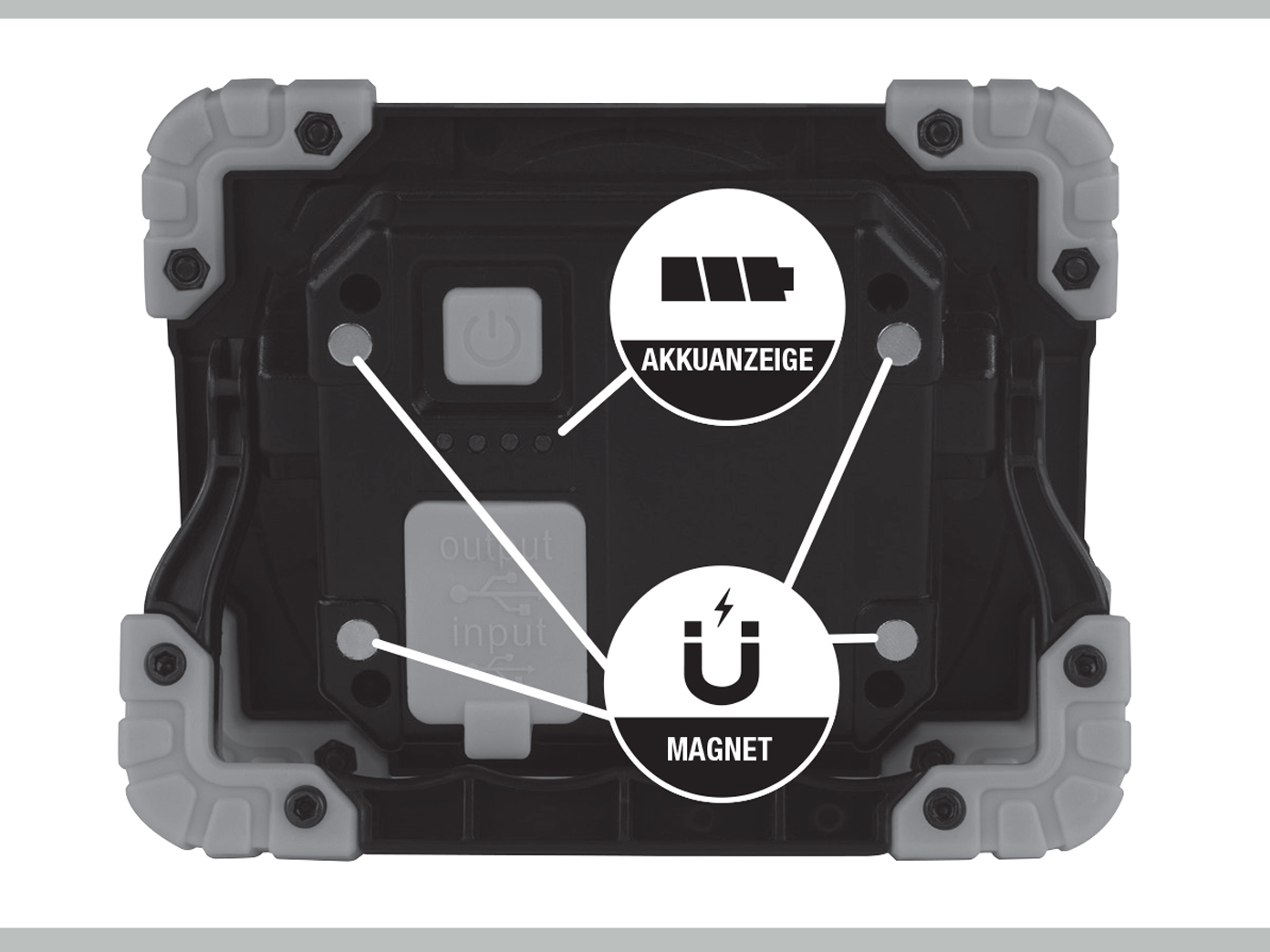 Rückseite einer schwarzen Arbeitsleuchte. Zeigt Batteriesymbol und Magnetsymbol. Graue Kanten, weißer Hintergrund.