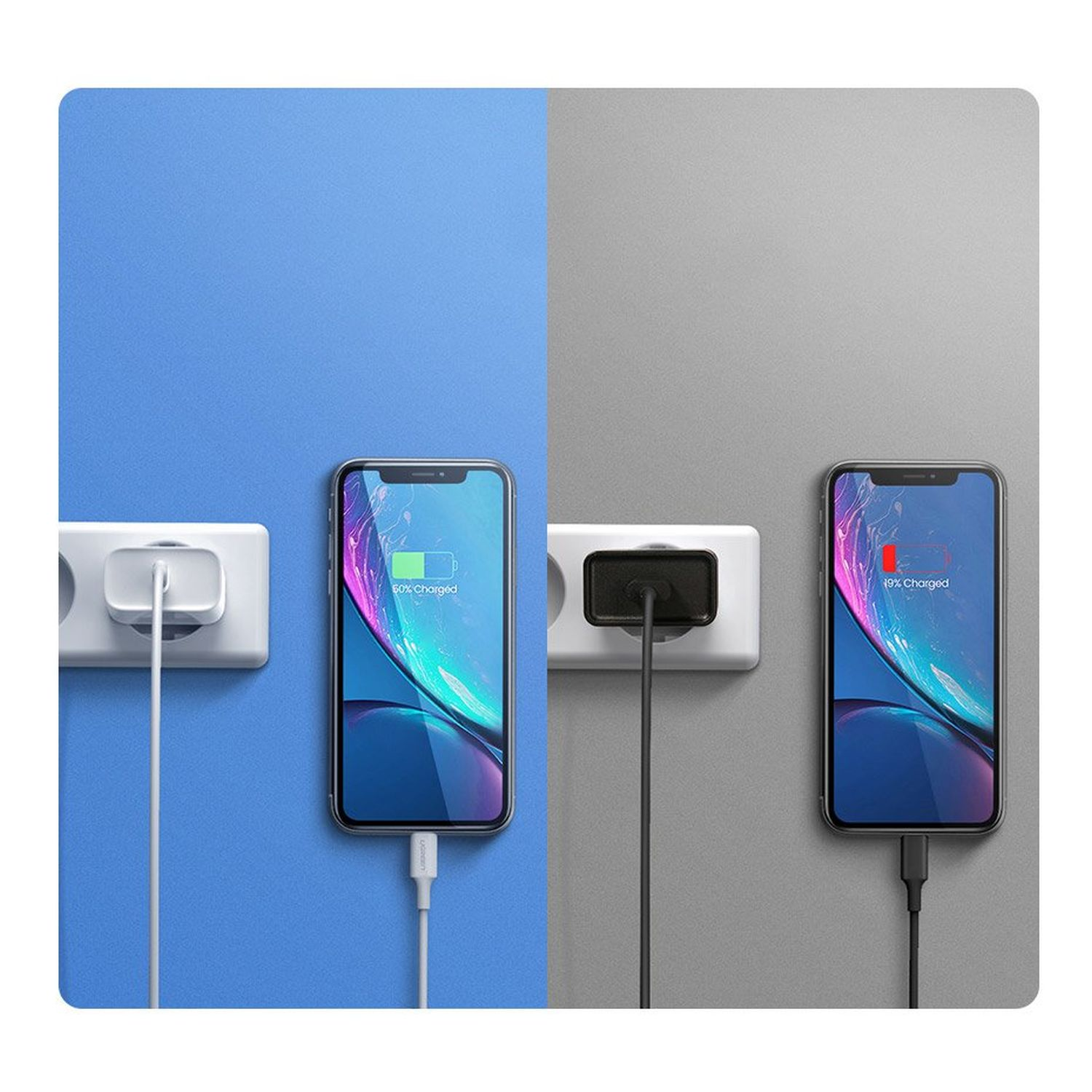 Zwei Telefone werden geladen. Eines wird auf blauem Hintergrund geladen, das andere auf grauem Hintergrund.