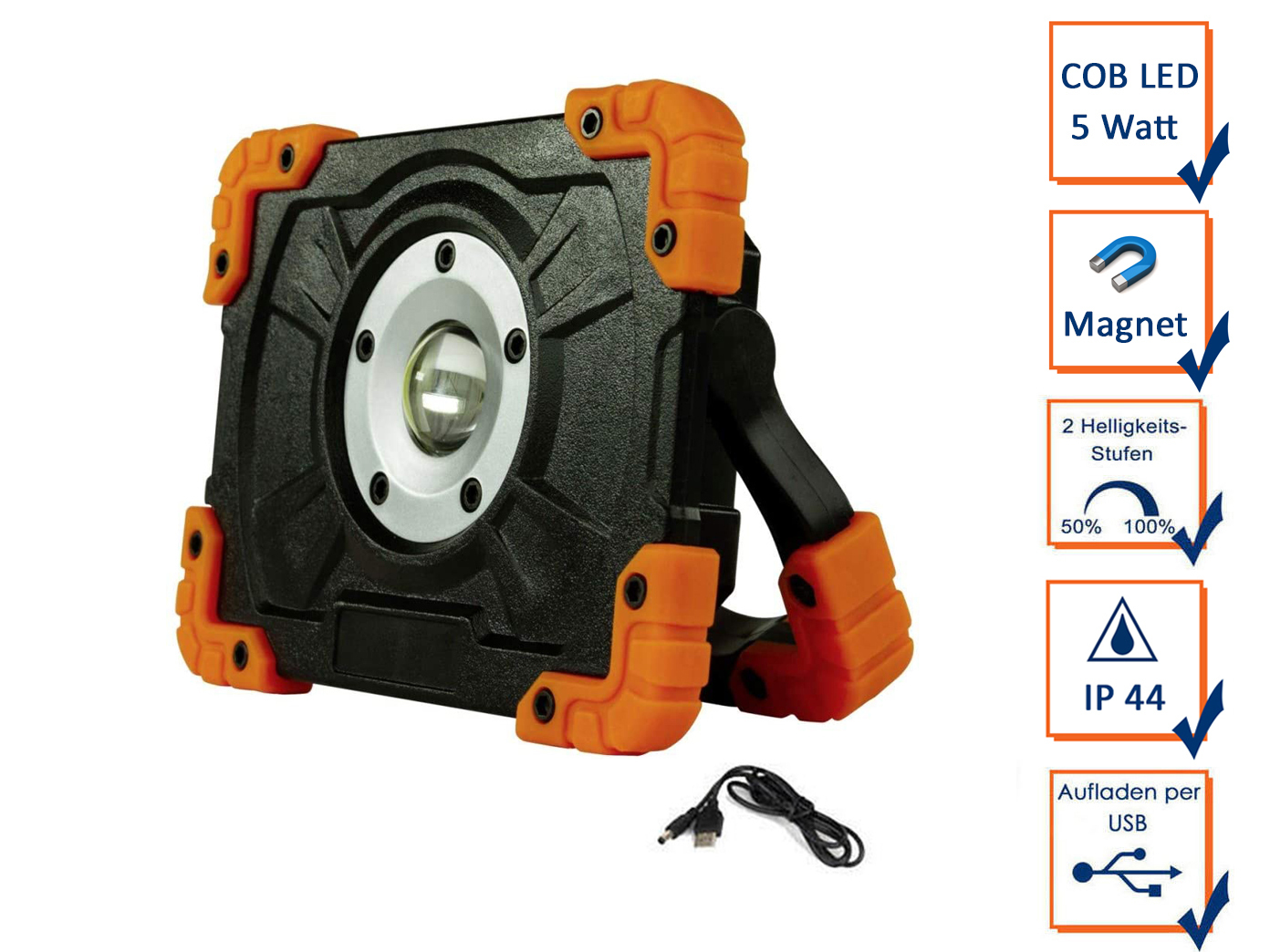 Schwarze und orangefarbene Arbeitsleuchte mit Info-Icons, USB-Kabel, weißer Grund.