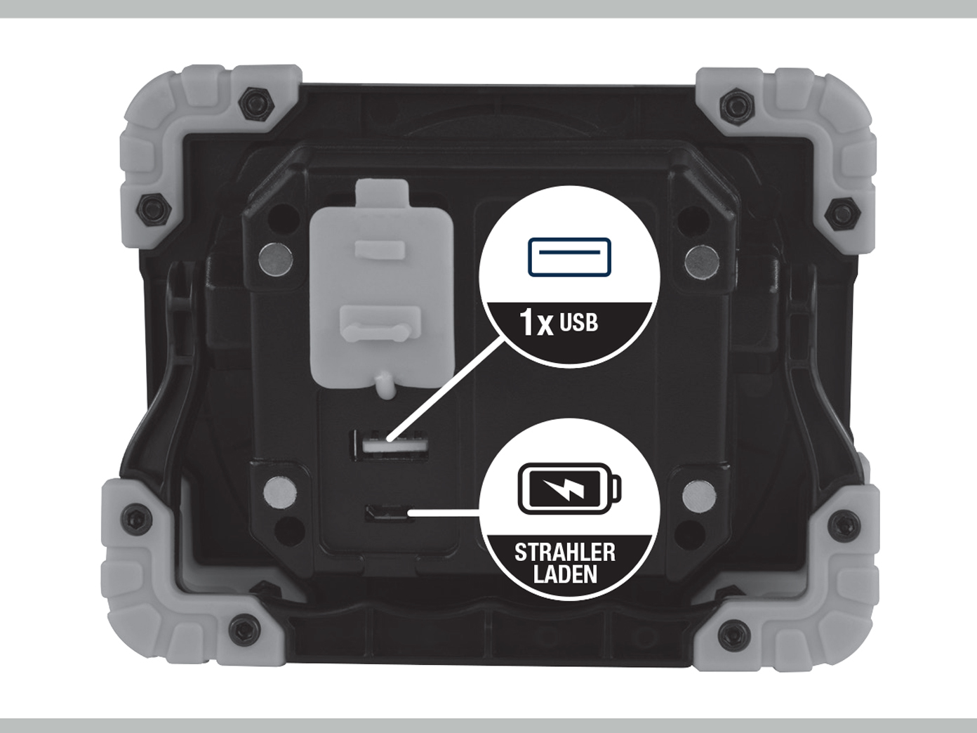Schwarze Arbeitsleuchte mit USB-Anschluss und Batteriestandsanzeige. Es hat graue Ecken.