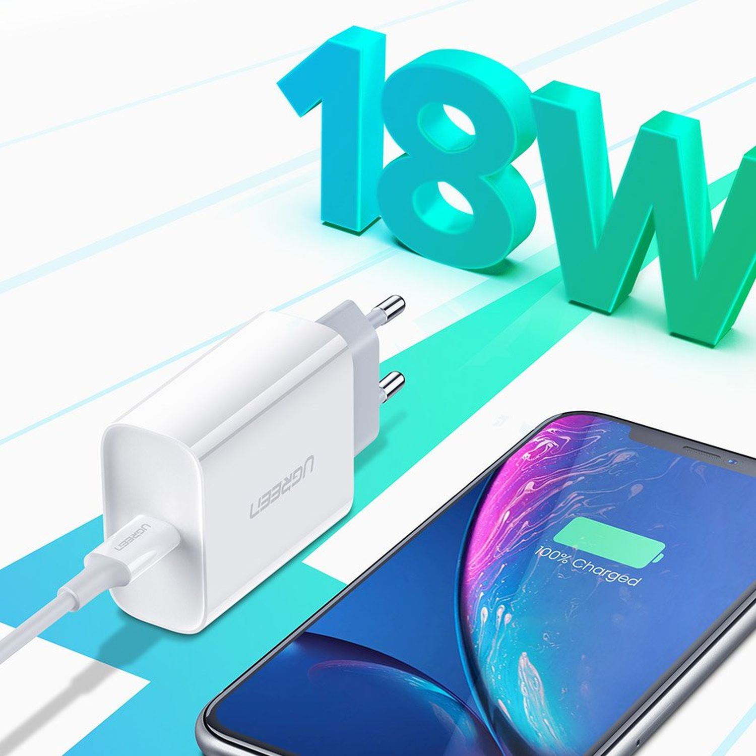 Weißes UGREEN-Ladegerät, das an ein Telefon mit Ladeanzeige angeschlossen ist. Grüne und blaue Zahlen.
