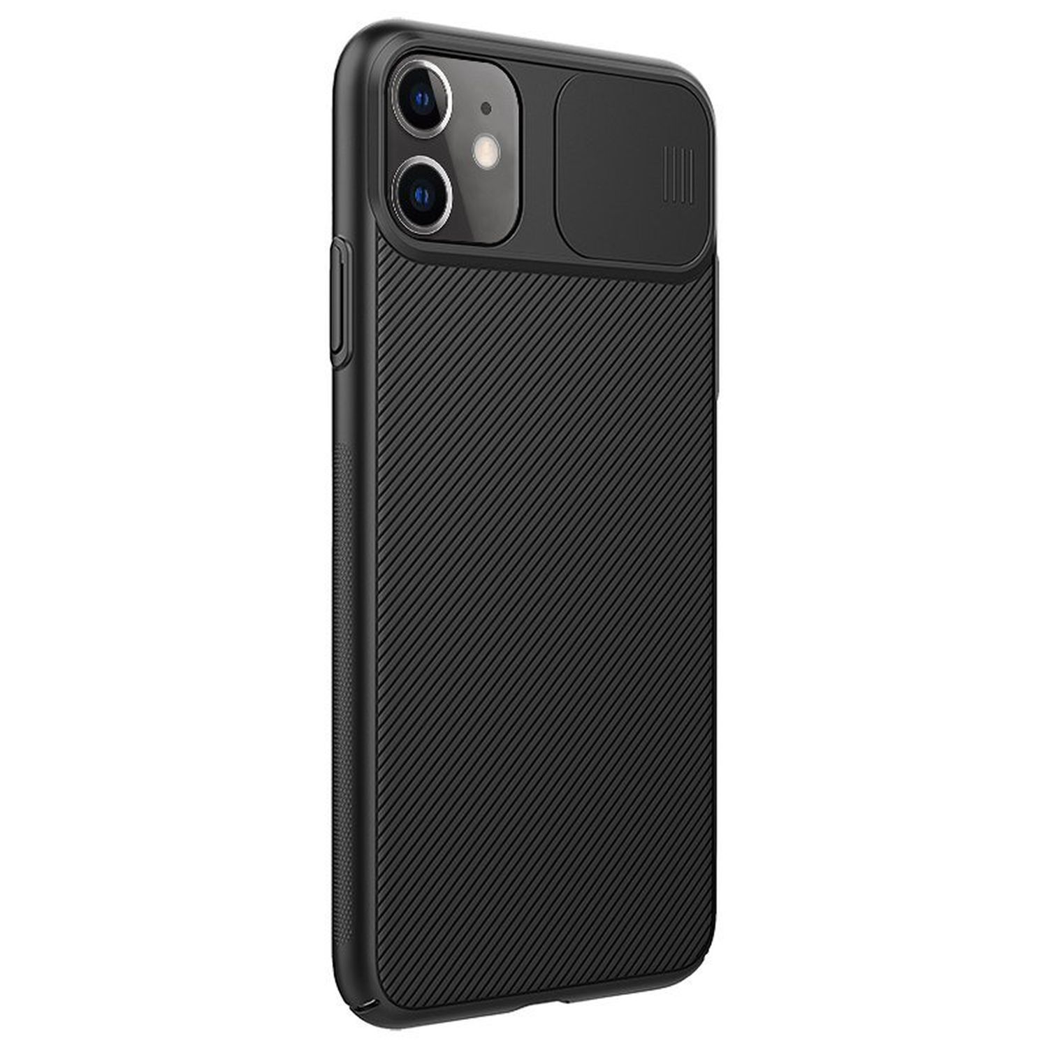 Schwarze Handyhülle mit Kameraabdeckung und strukturiertem Design. Die Rückseite hat ein geripptes Muster.