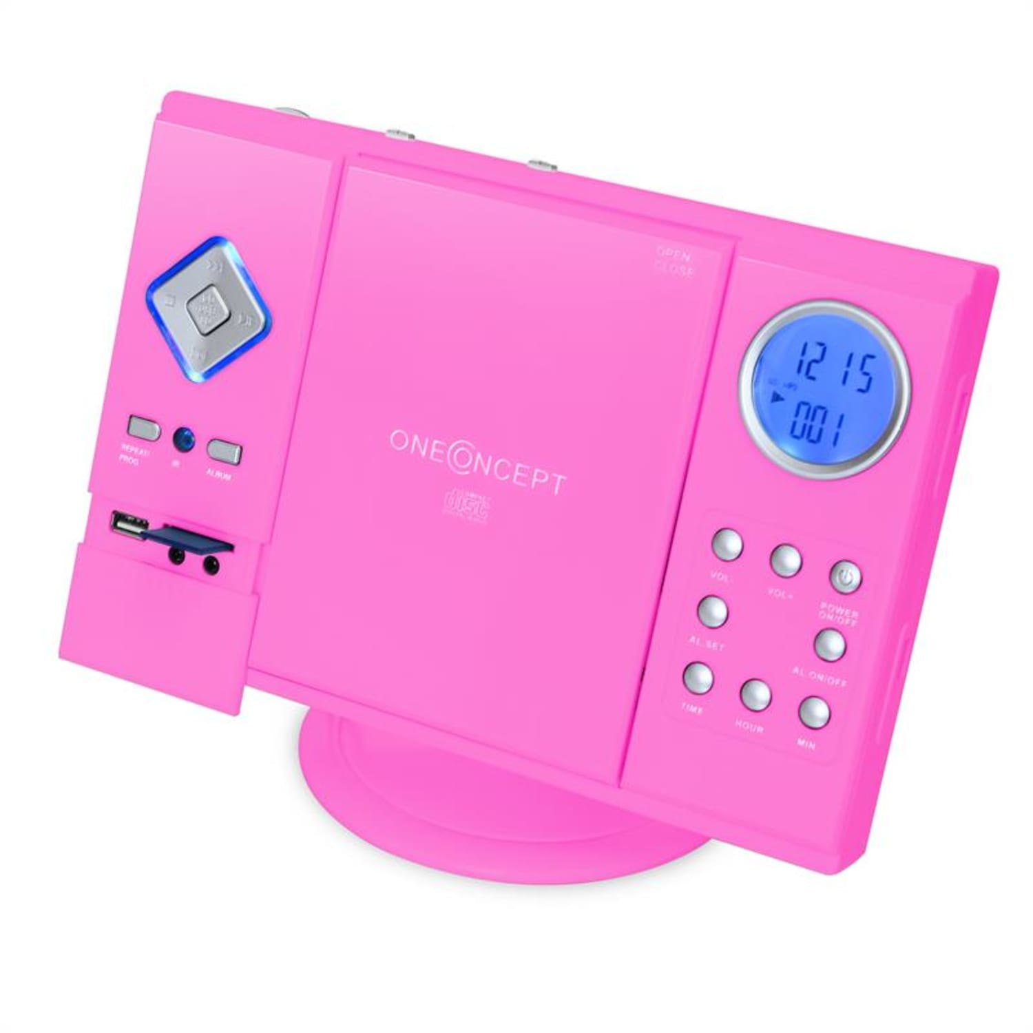 Ein rosa Stereo mit Display. Es hat Knöpfe und eine Digitaluhr. 'OneConcept' steht vorne drauf.